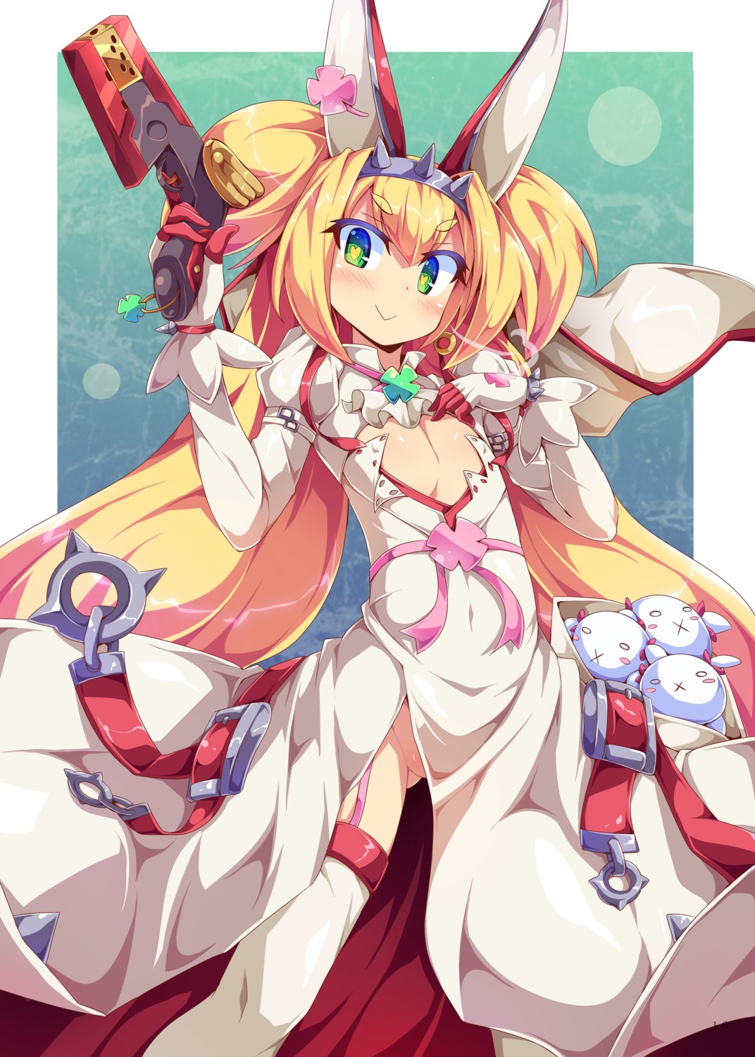 animal_ears blazblue bunny_ears cleavage cosplay dress elphelt_valentine guilty_gear gun loli no_bra nopan platinum_the_trinity thighhighs toraishi_666