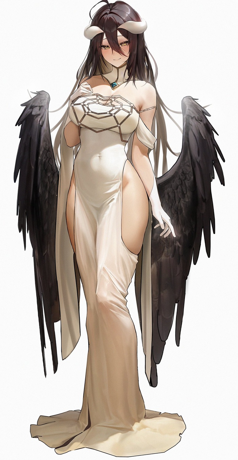 albedo_(overlord) dfm_(darknessdfm) dress horns no_bra overlord see_through wings