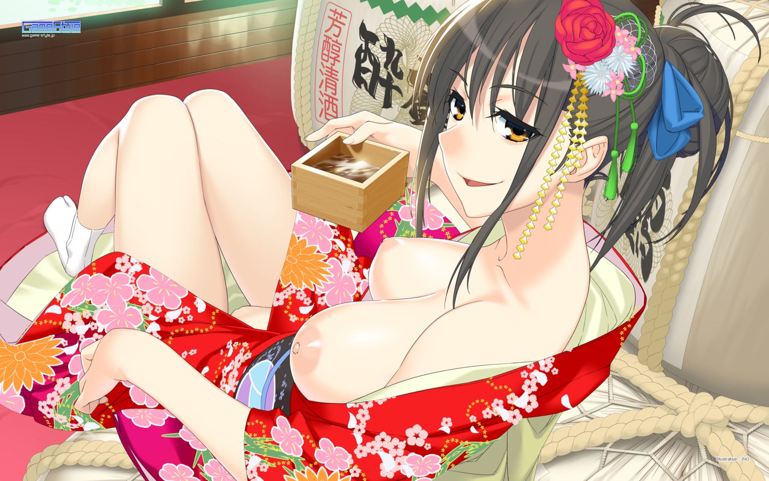 breasts game-style ino kimono nipples no_bra nopan open_shirt pussy sake wallpaper