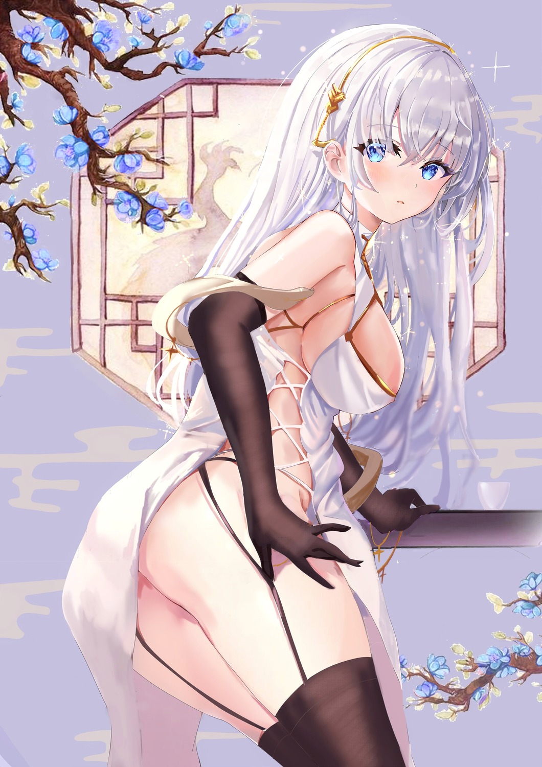 age_fx anastasia_(fate/grand_order) ass chinadress fate/grand_order no_bra nopan see_through skirt_lift stockings thighhighs