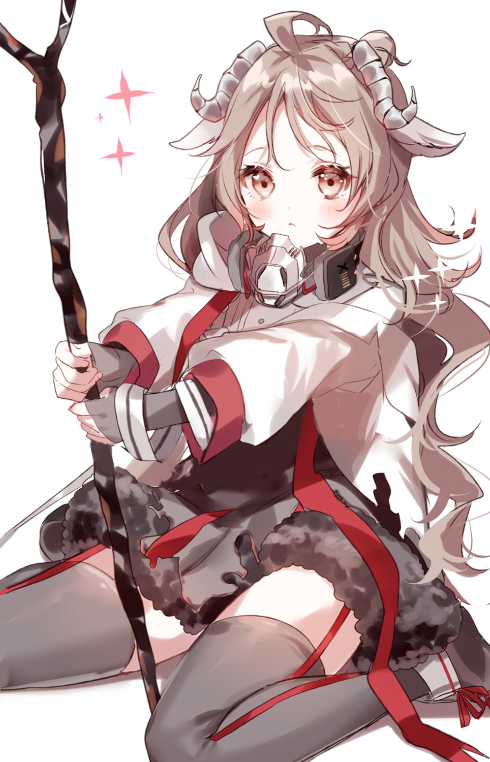 animal_ears arknights eyjafjalla_(arknights) horns misumi stockings thighhighs weapon