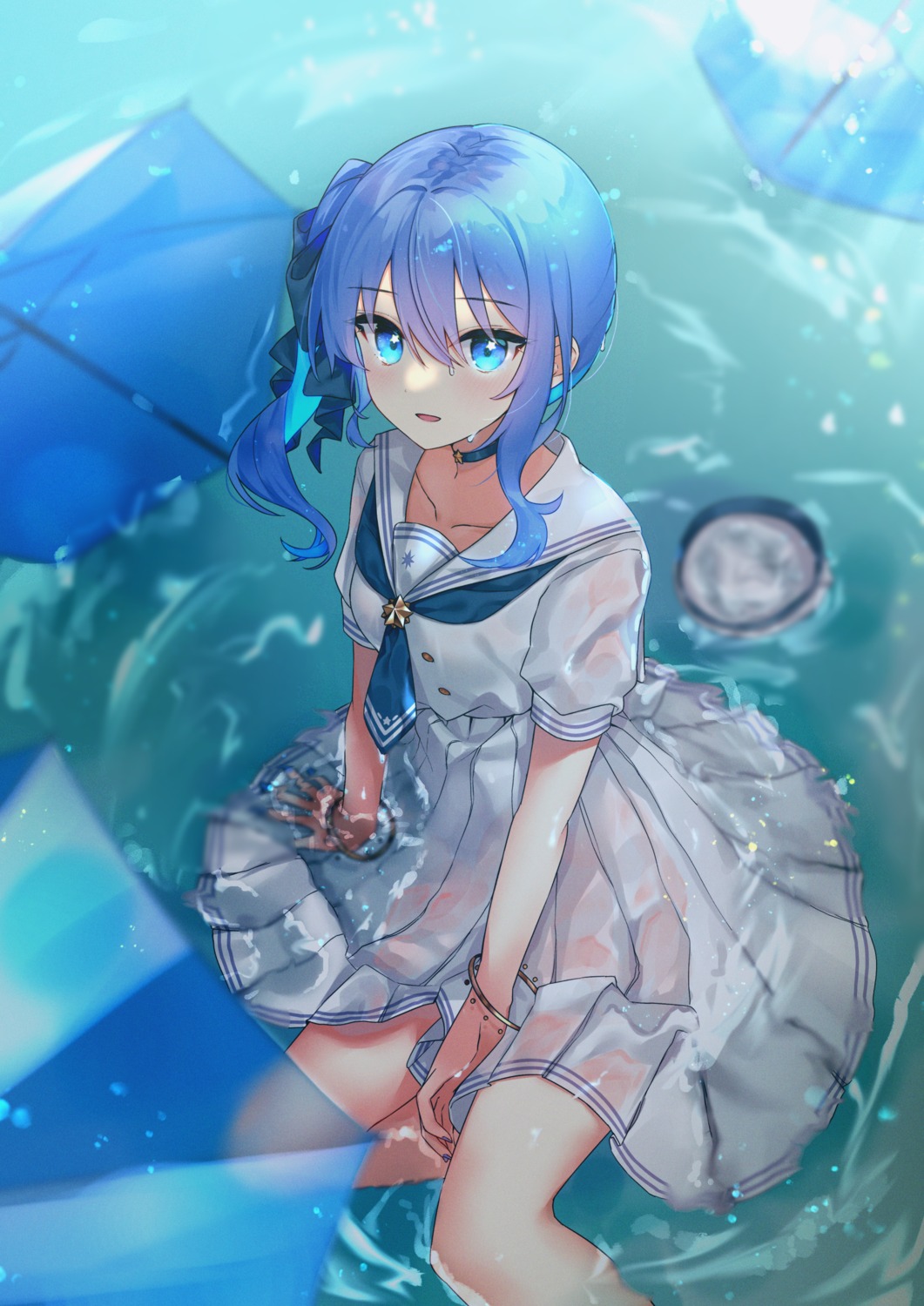 hololive hoshimachi_suisei neginoki see_through seifuku skirt_lift umbrella wet wet_clothes