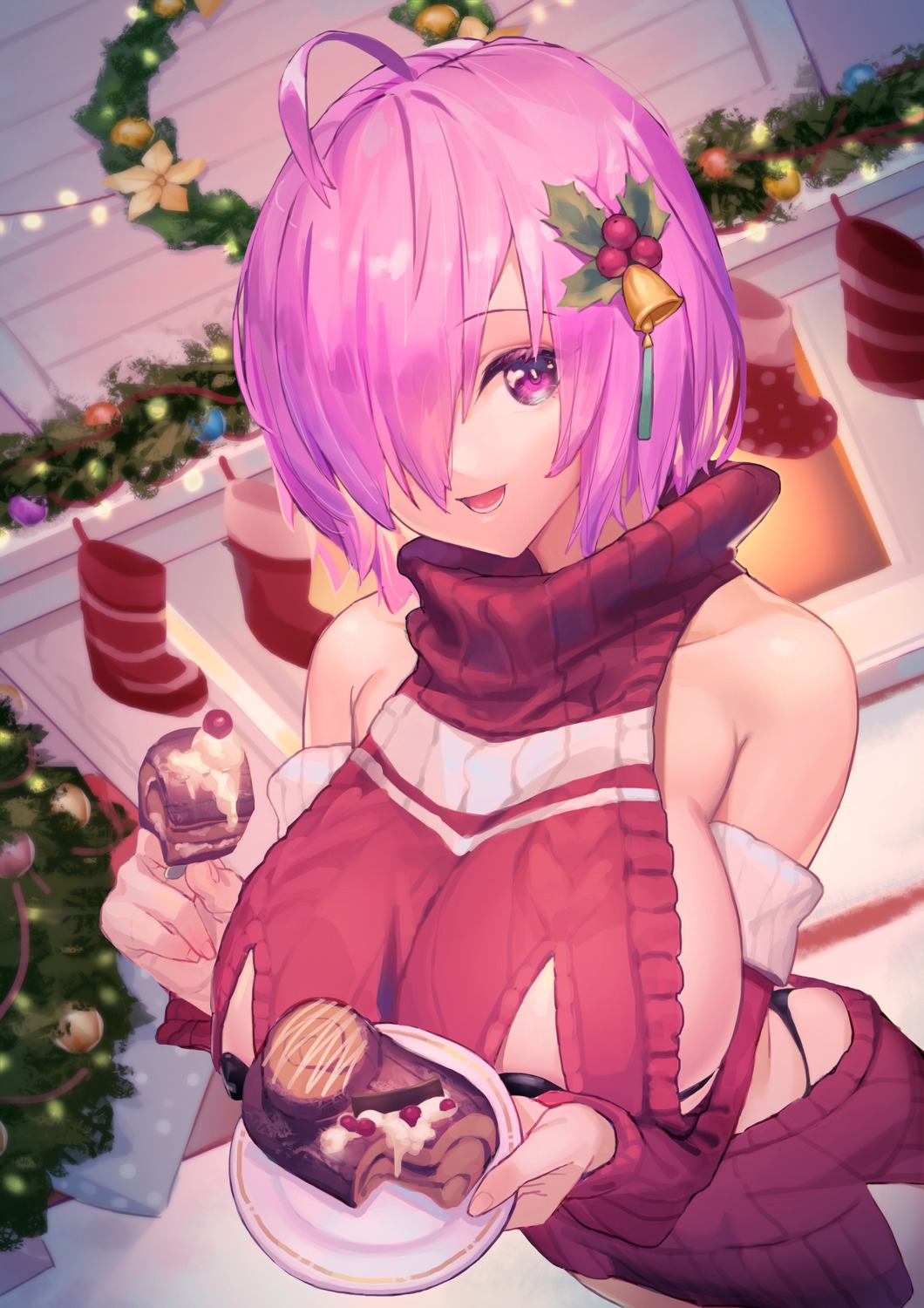 christmas erect_nipples fate/grand_order mash_kyrielight no_bra nox13 pantsu sweater