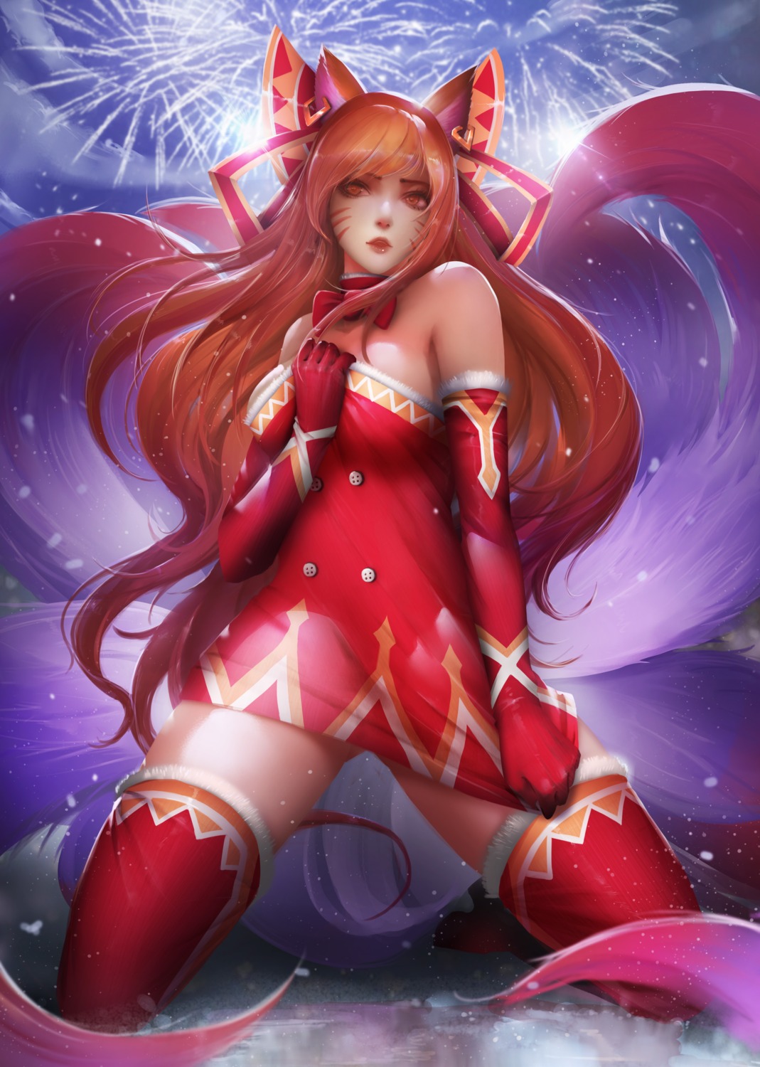 ahri animal_ears christmas dress kitsune league_of_legends no_bra tail thighhighs windwalker