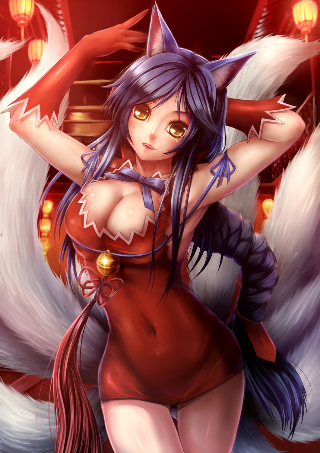 ahri animal_ears cleavage cosplay dress dungeon_ni_deai_wo_motomeru_no_wa_machigatteiru_darou_ka kitsune league_of_legends no_bra sui_sui_baihu_jiu_wei_pang_pang tail