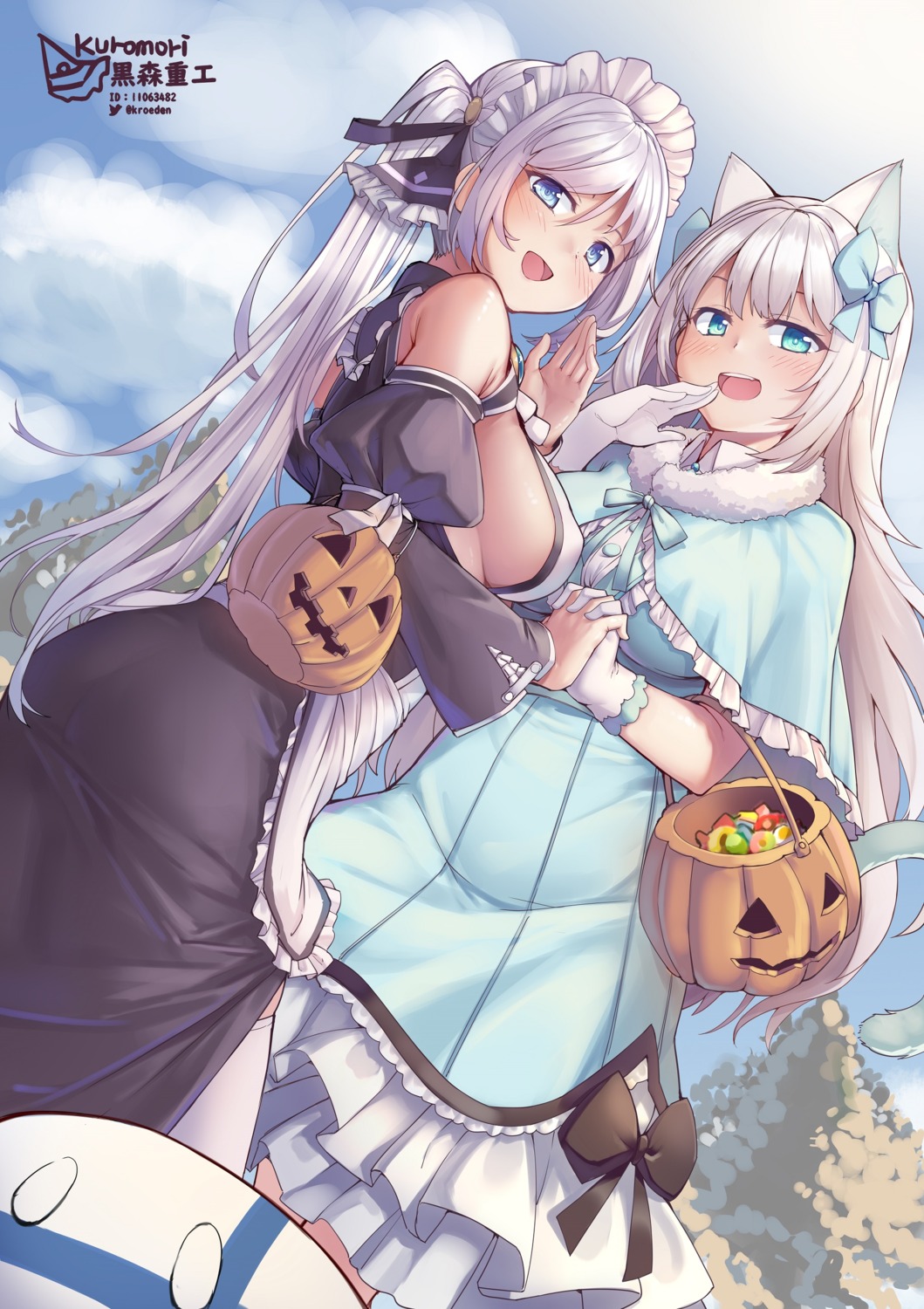 animal_ears ass dress erect_nipples halloween kuromori_(1010845110) maid nekomimi no_bra skirt_lift thighhighs