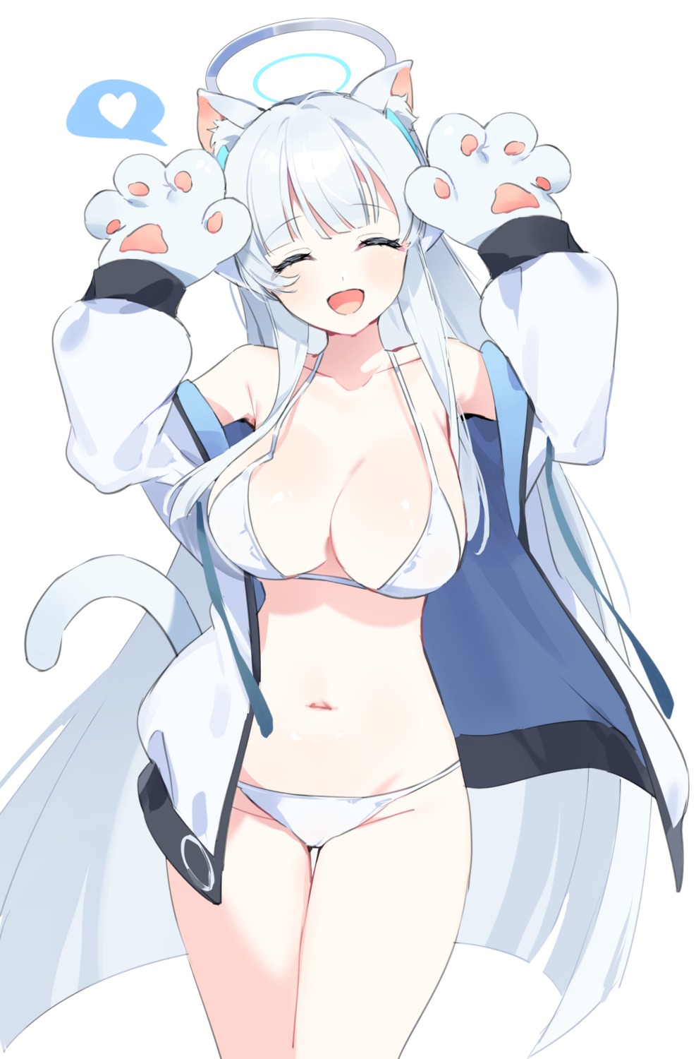 animal_ears bikini blue_archive halo meunhongcha nekomimi open_shirt swimsuits tail ushio_noa