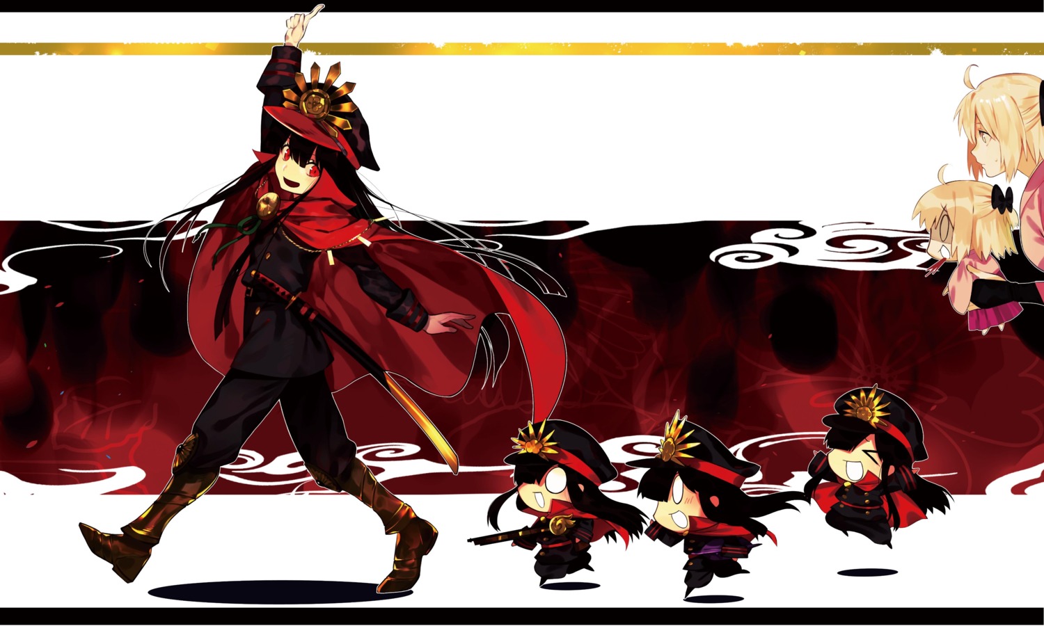 chibi fate/grand_order gun japanese_clothes oda_nobunaga_(fate) okita_souji_(fate) sword uniform ya_4004