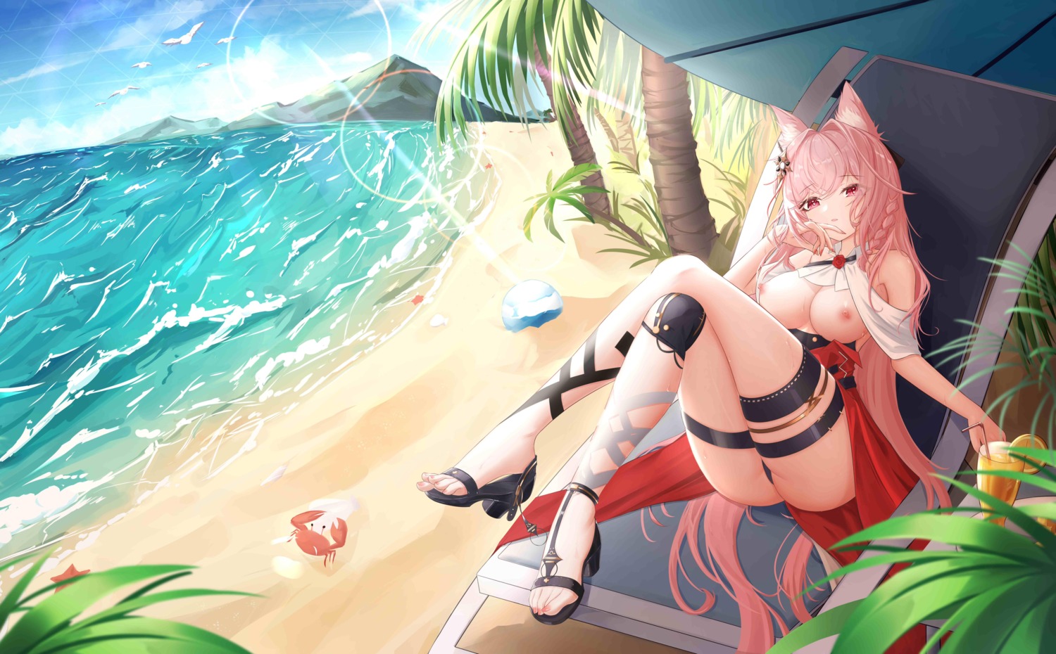 animal_ears arknights bikini breasts garter heels jndfh jpeg_artifacts nipples no_bra pozyomka_(arknights) swimsuits thong