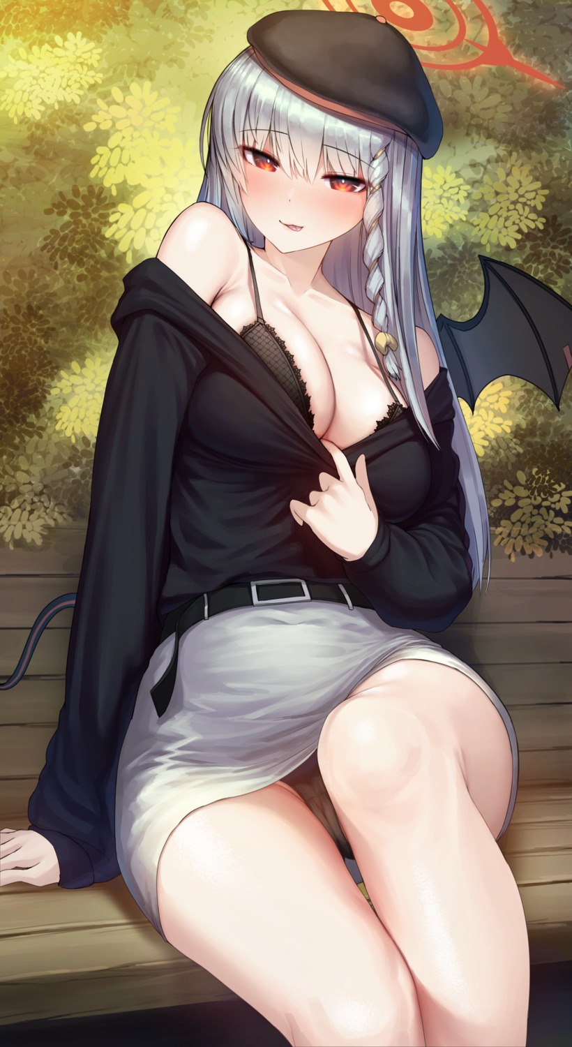 blue_archive bra cameltoe devil halo kagi_f kurodate_haruna open_shirt pantsu skirt_lift tail undressing wings