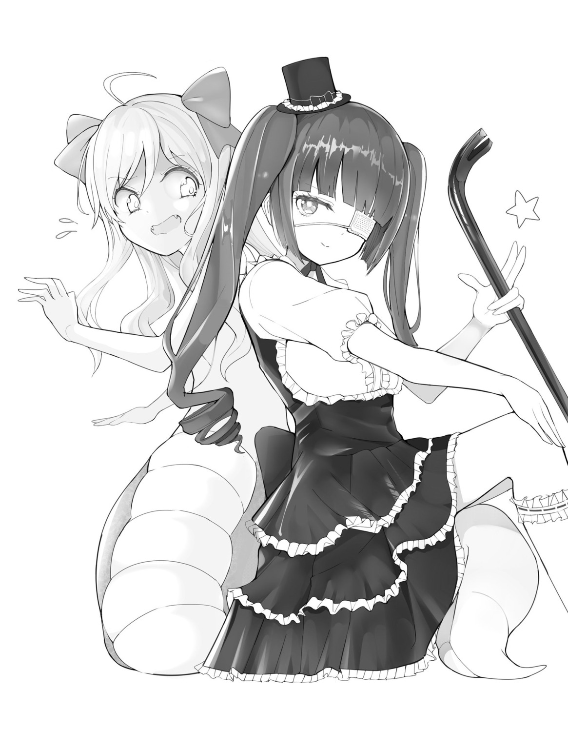 dress eyepatch garter gothic_lolita hanazono_yurine jashin-chan jashin-chan_dropkick lolita_fashion monochrome monster_girl pjkka tail weapon