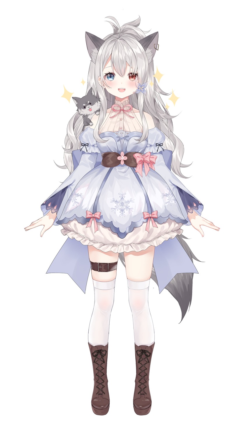 animal_ears dress garter heterochromia hum_(ten_ten) tail thighhighs