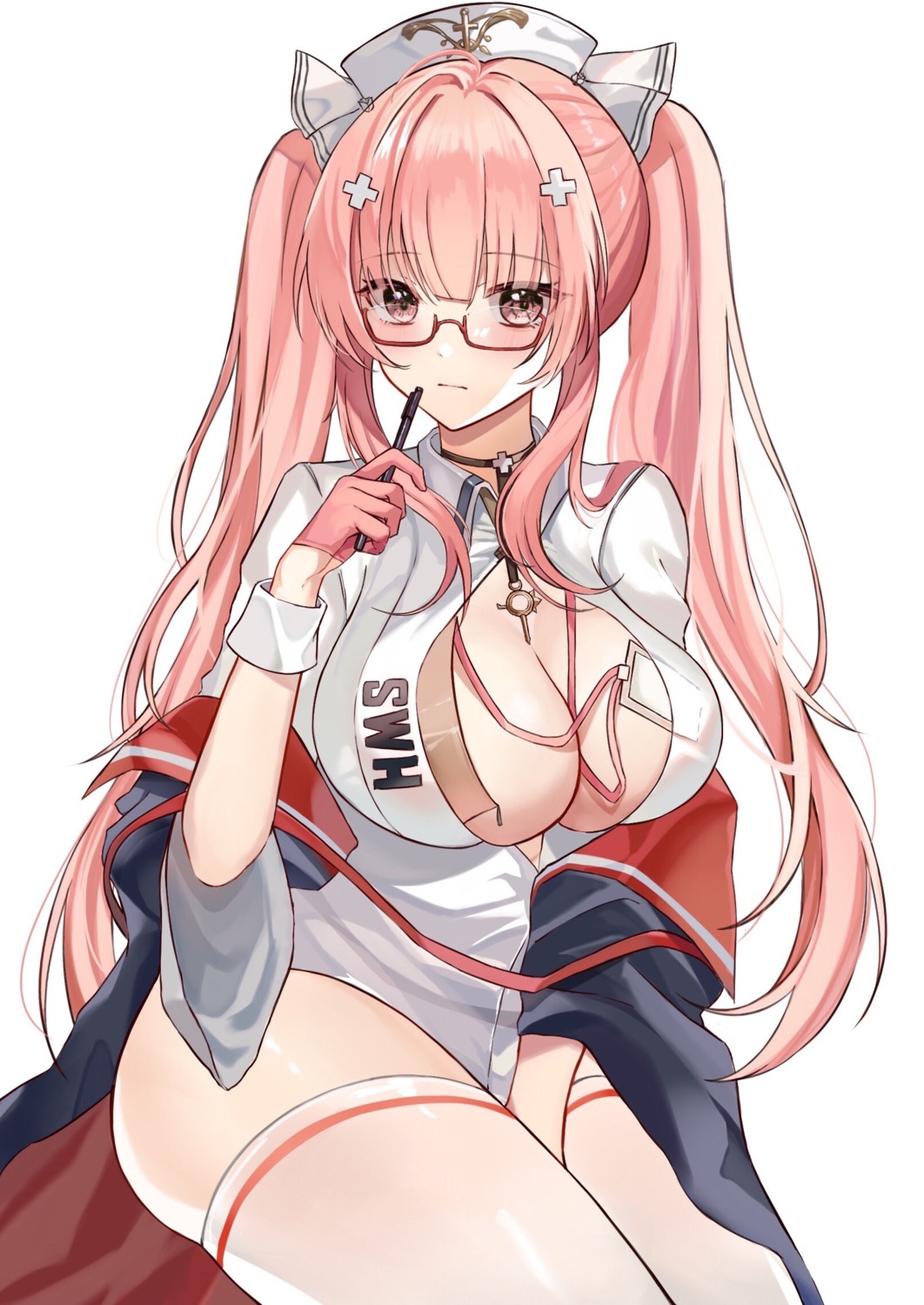 azur_lane ki-san megane no_bra nurse open_shirt perseus_(azur_lane) thighhighs