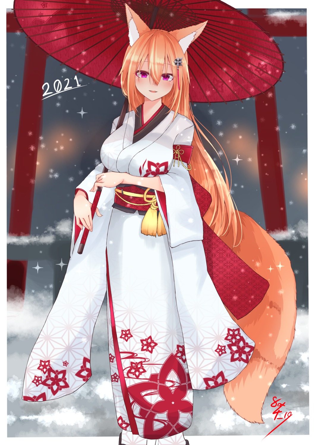 animal_ears kimono kitsune kouhii_kitsune tail umbrella