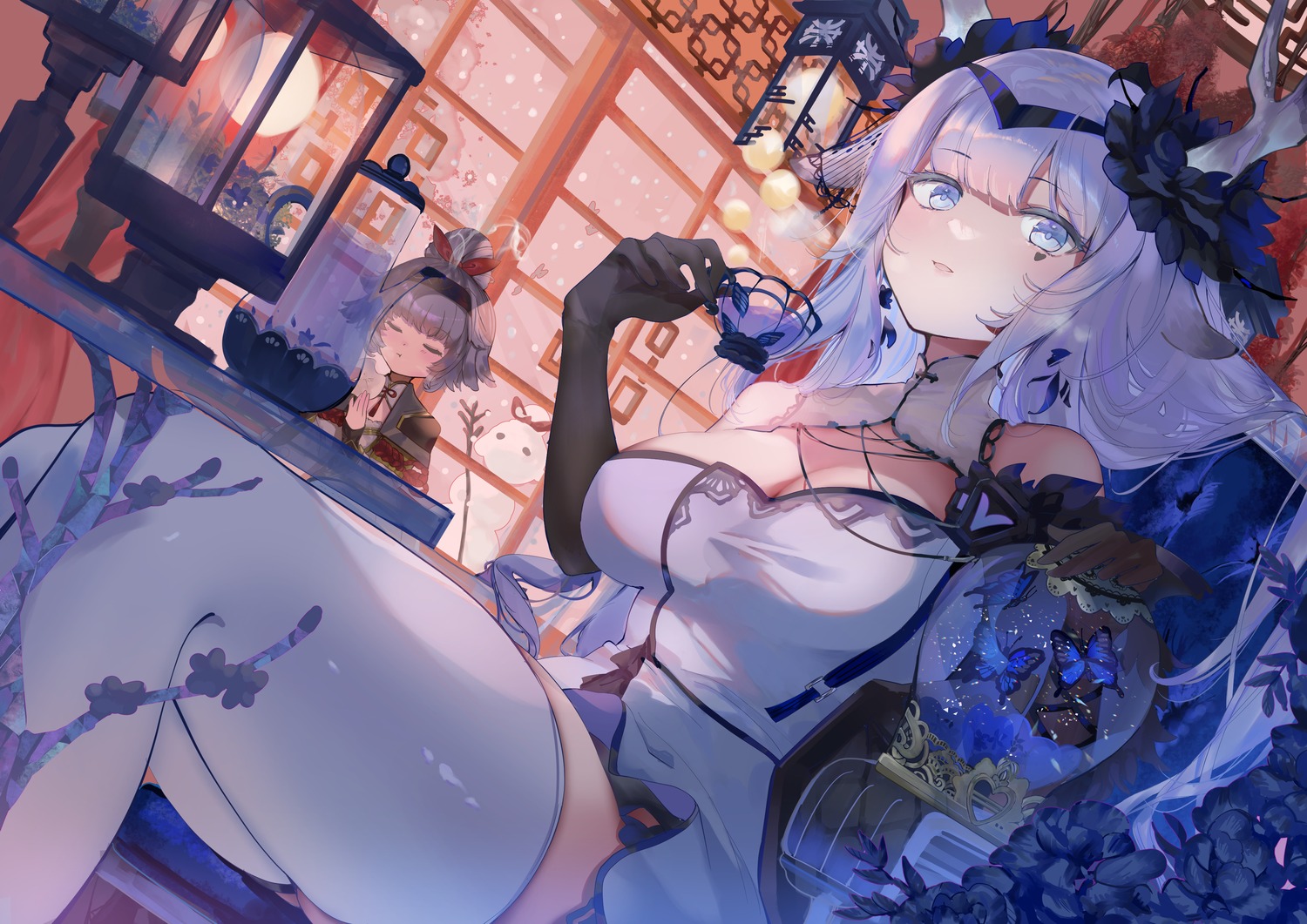 animal_ears asian_clothes echocalypse hieno_hiro horns no_bra thighhighs