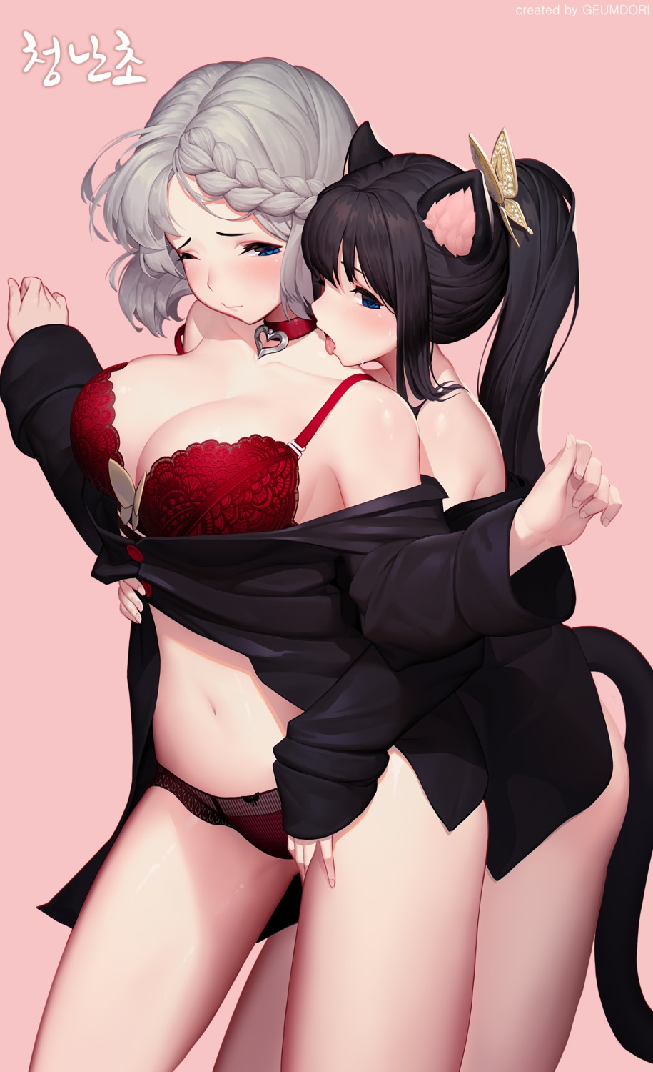 animal_ears bra geumdori nekomimi open_shirt pantsu tail yuri