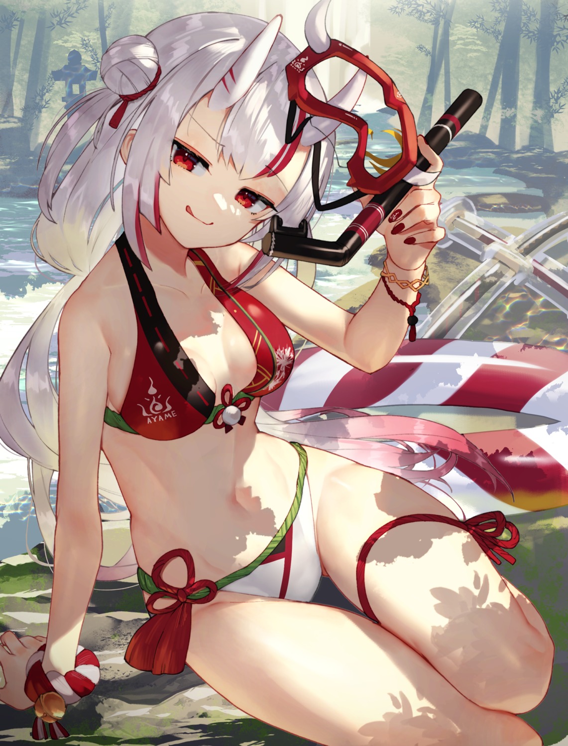 bikini cleavage garter hololive horns nakiri_ayame scottie swimsuits sword