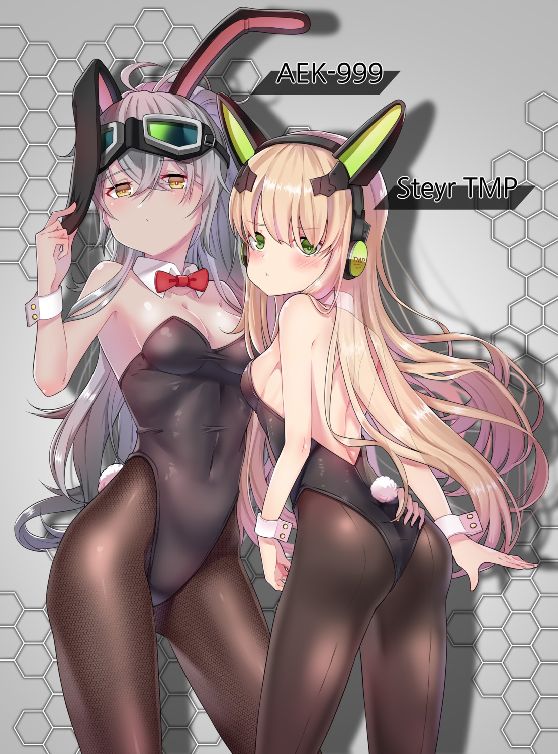 aek-999_(girls_frontline) animal_ears ass ass_grab bunny_ears bunny_girl cleavage fishnets girls_frontline hayarob headphones pantyhose tail tmp_(girls_frontline)