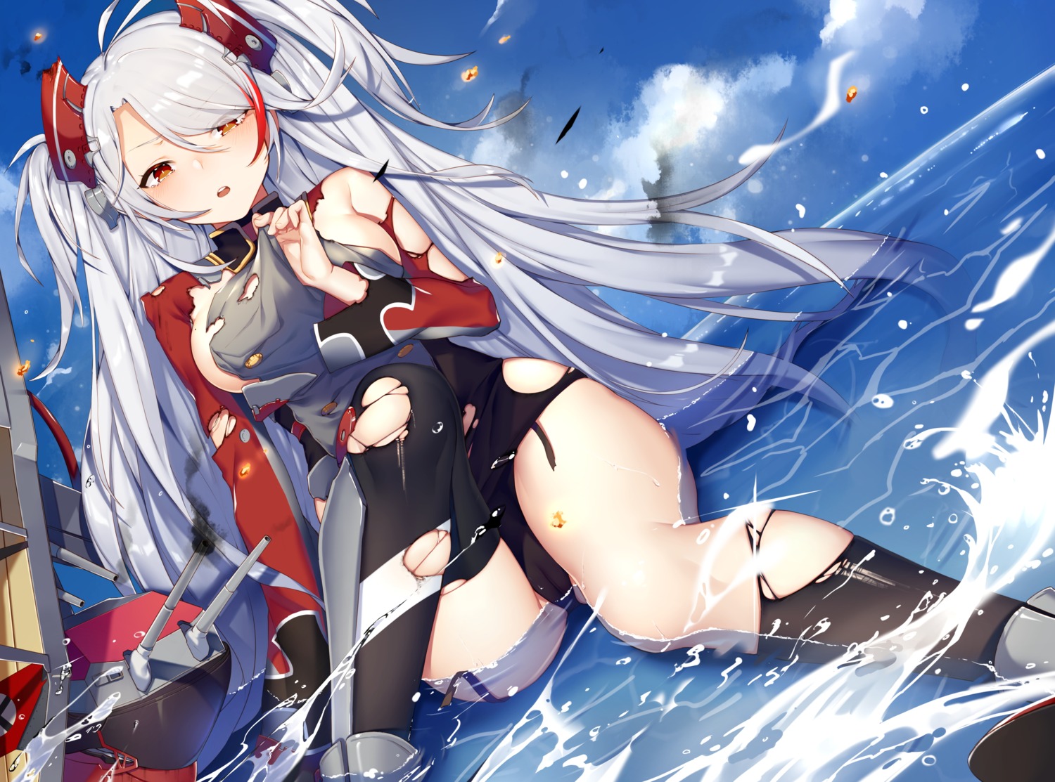 azur_lane breast_hold cameltoe iiiroha pantsu prinz_eugen_(azur_lane) stockings thighhighs torn_clothes uniform wet