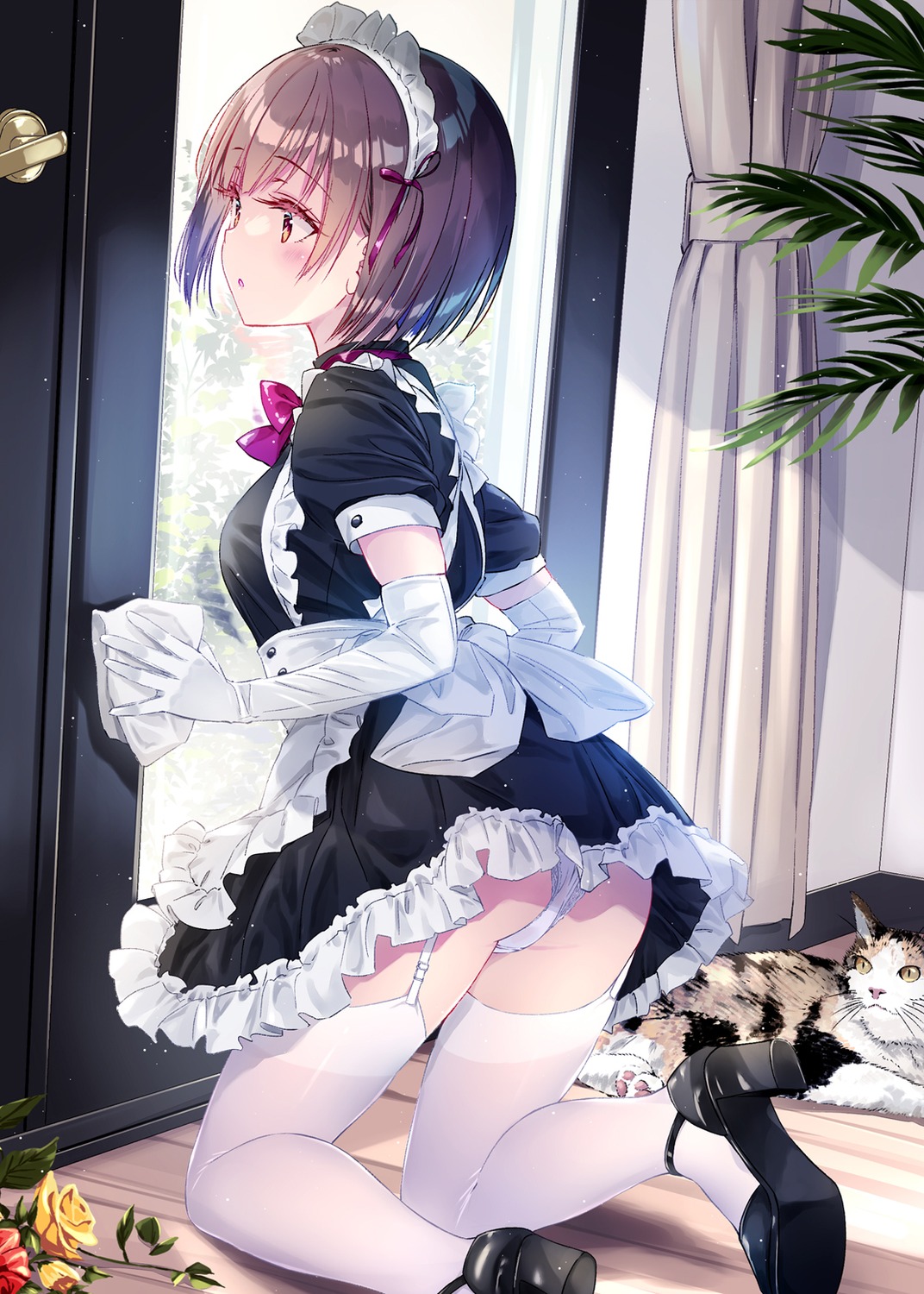 artist_revision ass heels kimitsuka_ikumi kobayashi_chisato maid neko pantsu shishunki_complex skirt_lift stockings thighhighs thong