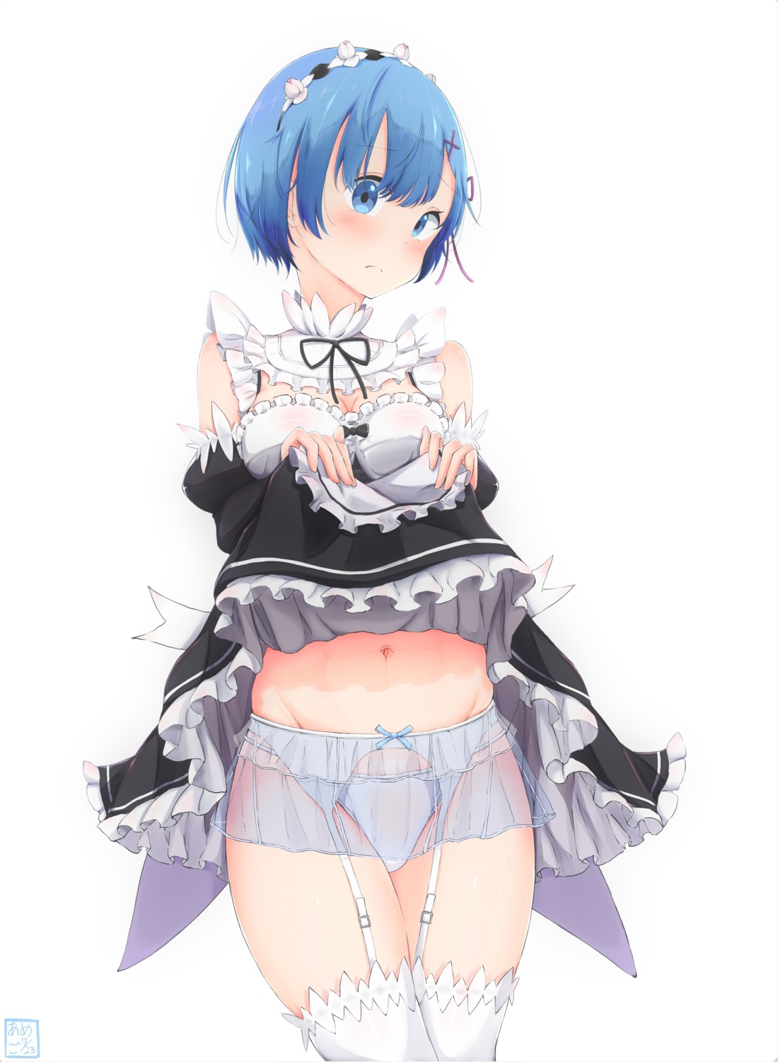 amego cleavage garter_belt maid pantsu re_zero_kara_hajimeru_isekai_seikatsu rem_(re_zero) see_through skirt_lift stockings thighhighs