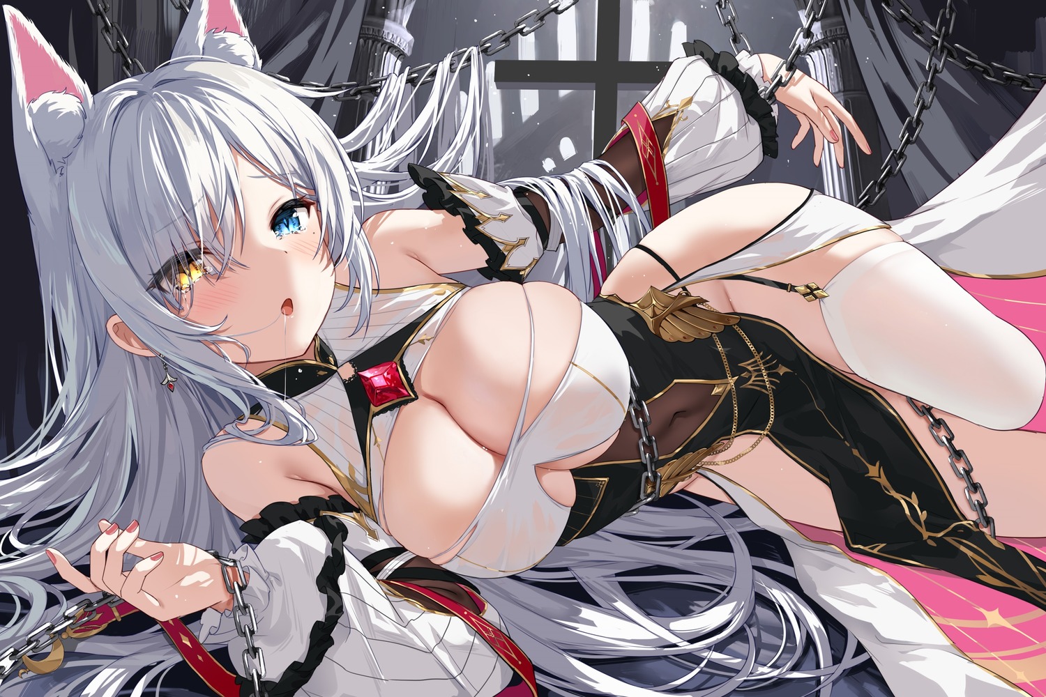 animal_ears bondage devil_heavens heterochromia no_bra see_through stockings thighhighs wet_clothes