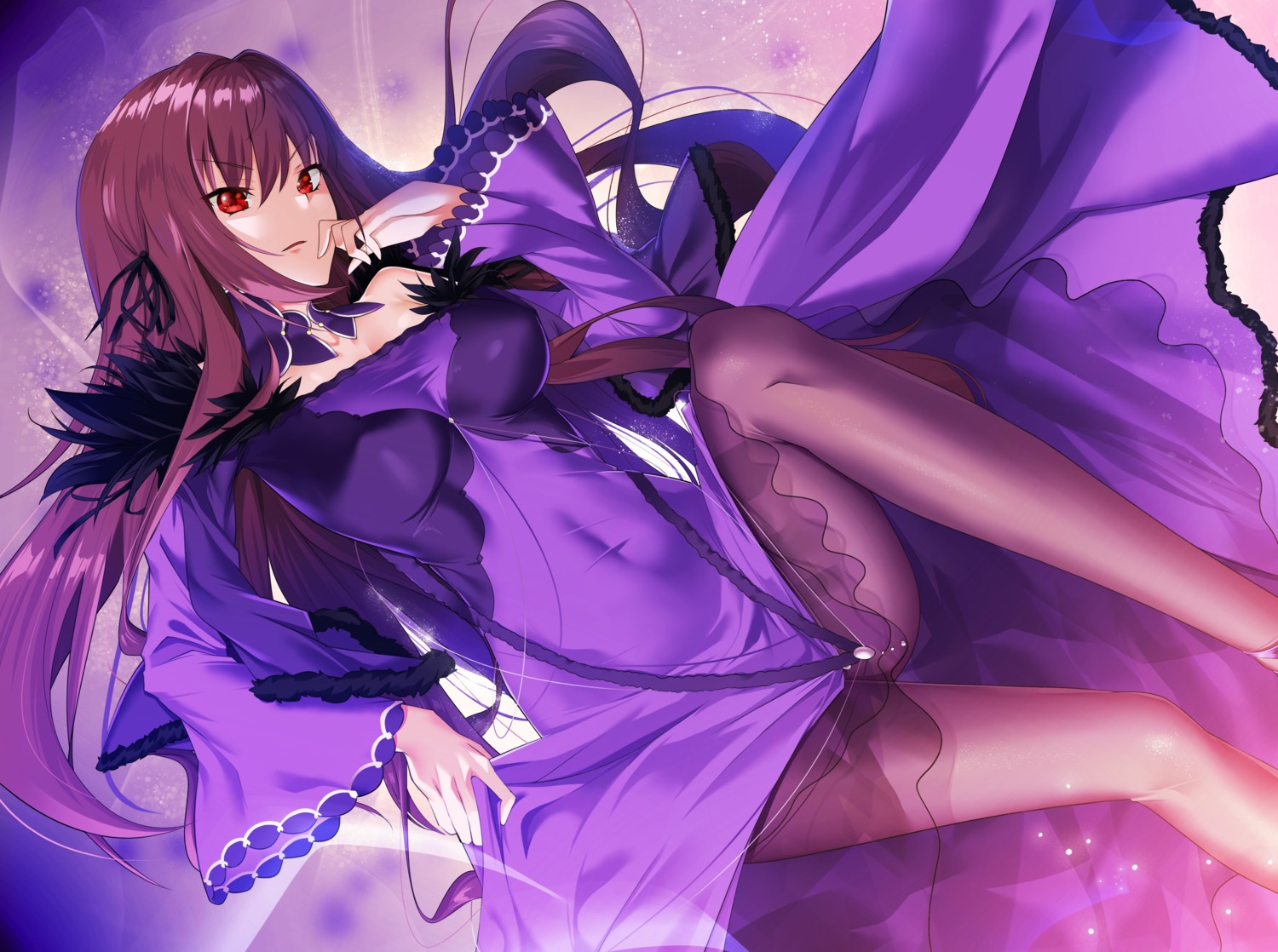 blbc2 cleavage dress fate/grand_order pantyhose scathach_(fate/grand_order) see_through skirt_lift