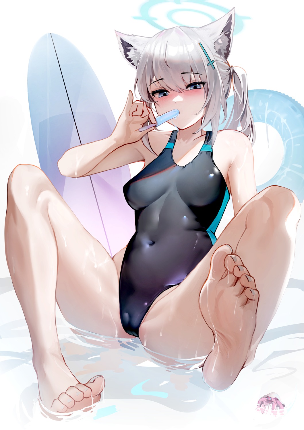 animal_ears blue_archive cameltoe feet halo krirk nekomimi sunaookami_shiroko swimsuits wet