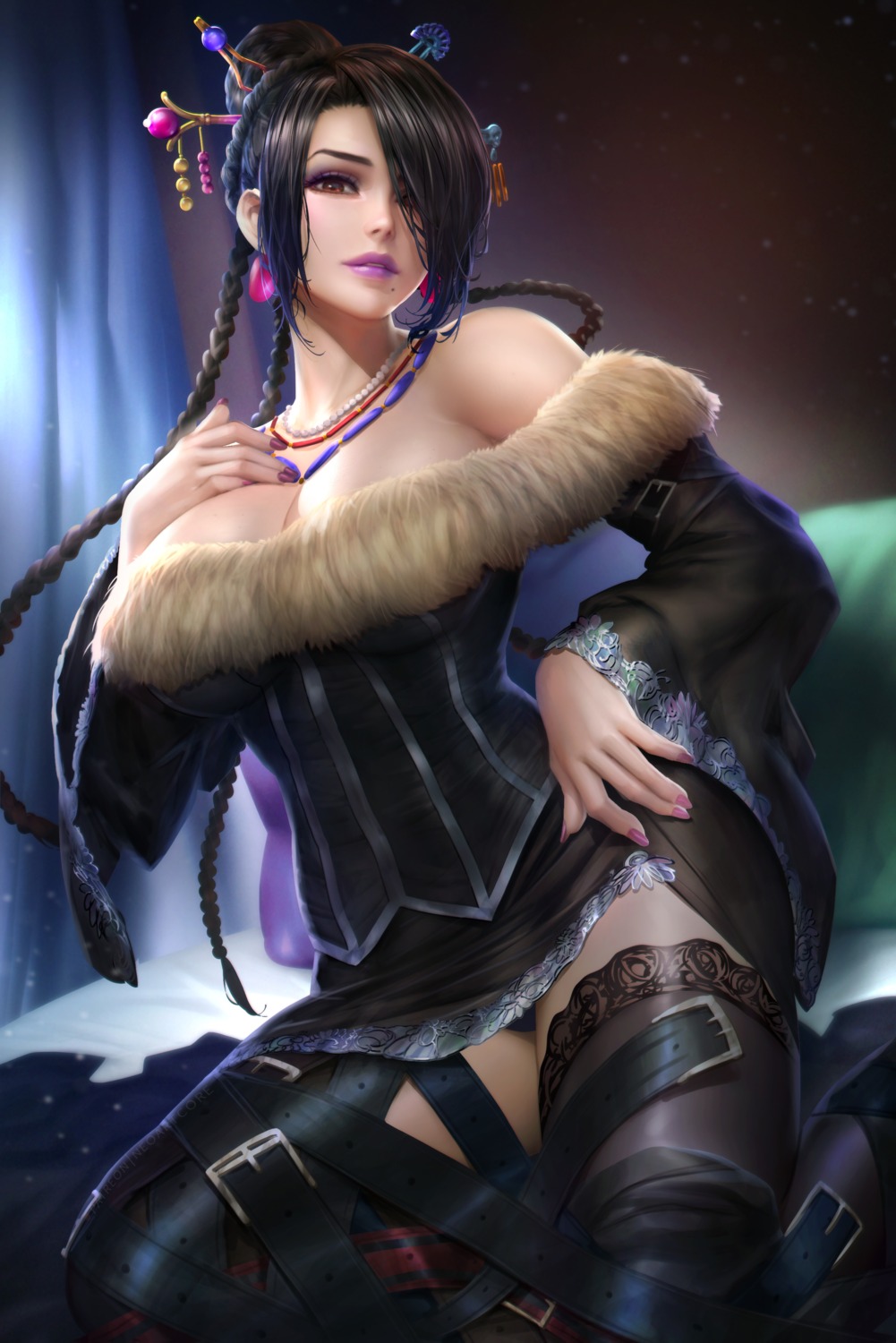 dress final_fantasy final_fantasy_x garter lulu no_bra nudtawut_thongmai pantsu skirt_lift thighhighs