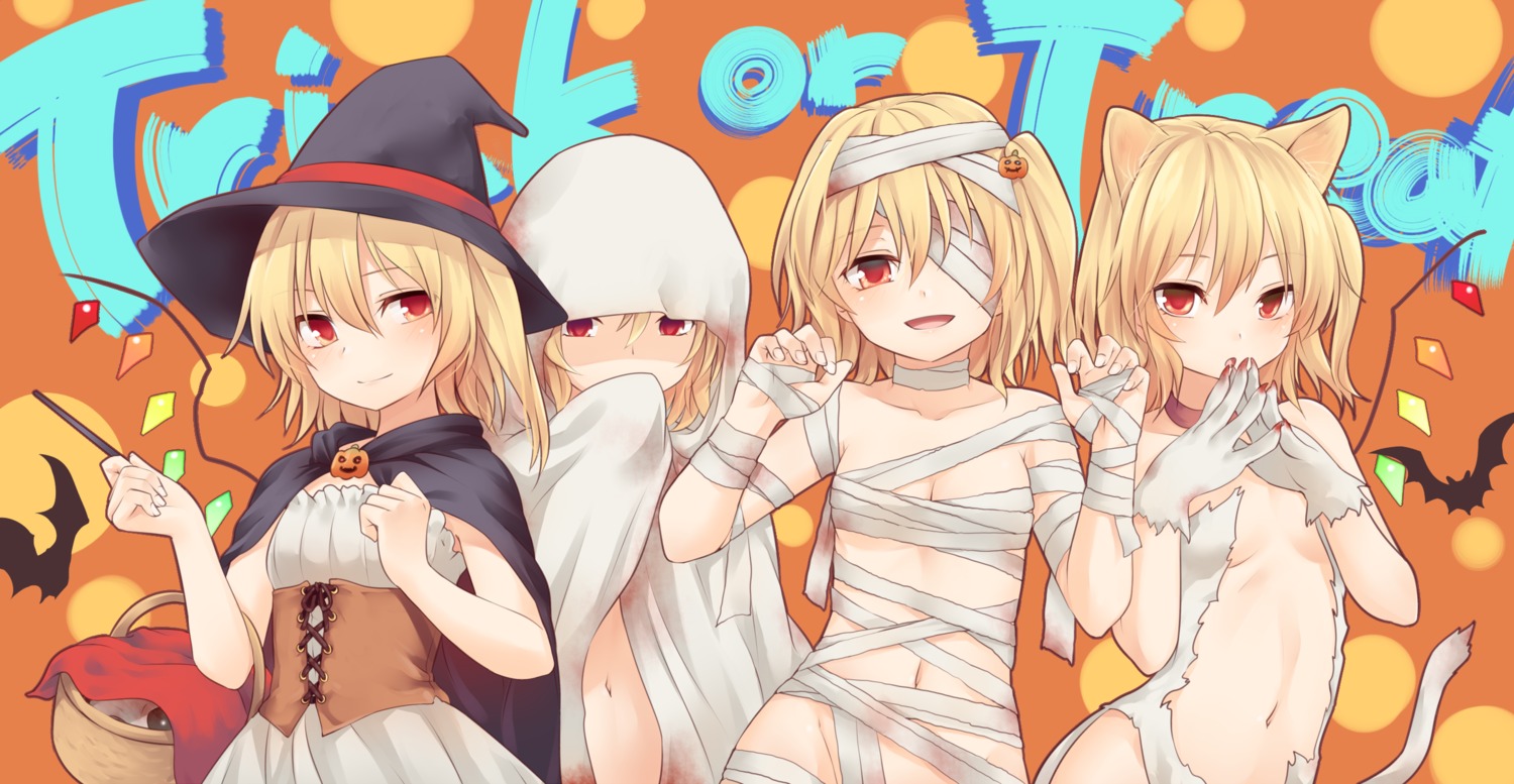 bandages flandre_scarlet halloween leotard loli miyo_(ranthath) naked_ribbon no_bra touhou weapon wings witch