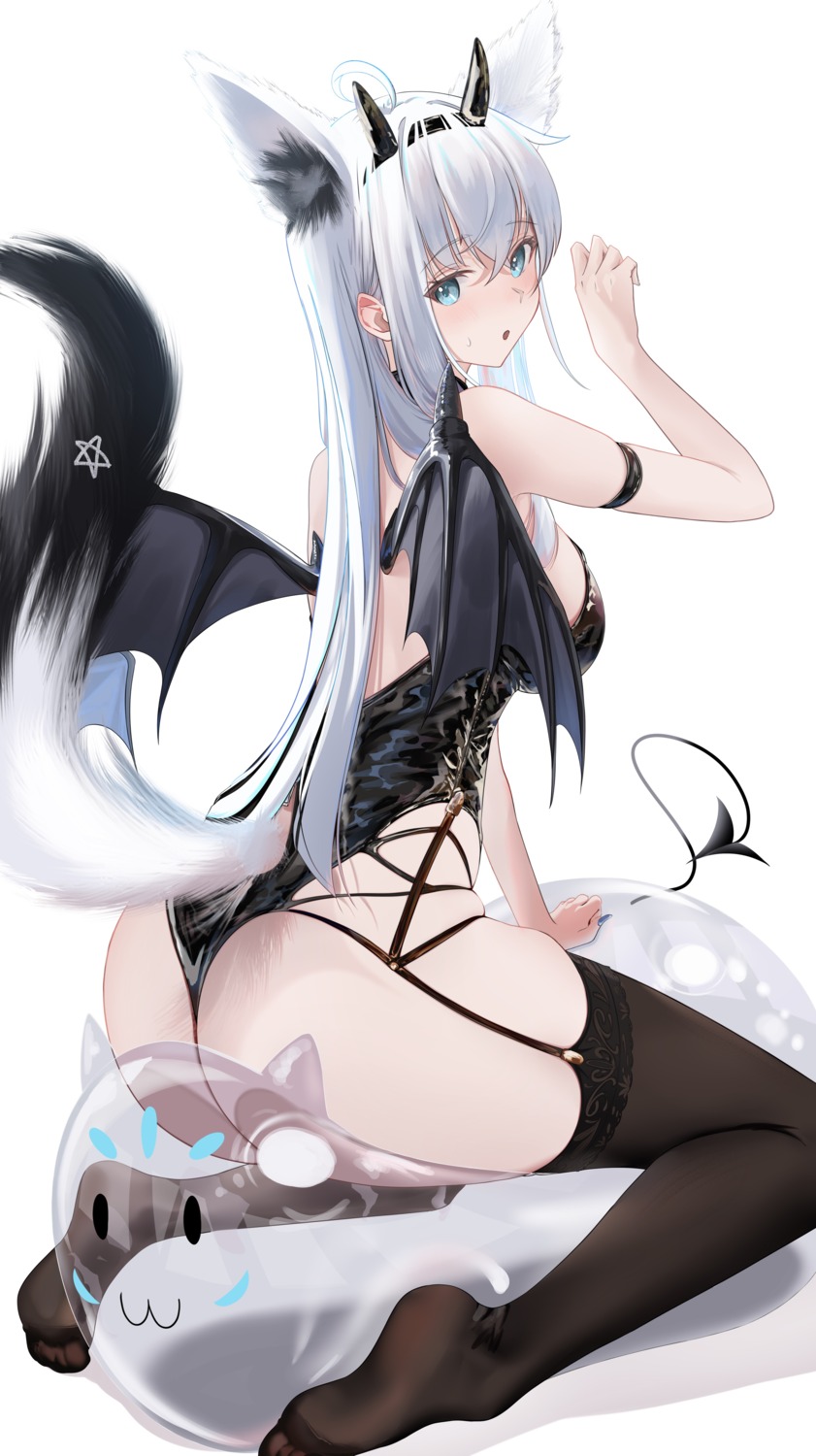 animal_ears devil hololive hololive_gamers horns kitsune leotard no_bra shirakami_fubuki stockings tail tanishi_(hetianming11093) thighhighs wings