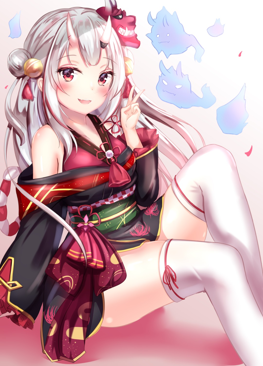 hololive horns japanese_clothes nakiri_ayame skirt_lift thighhighs yuano