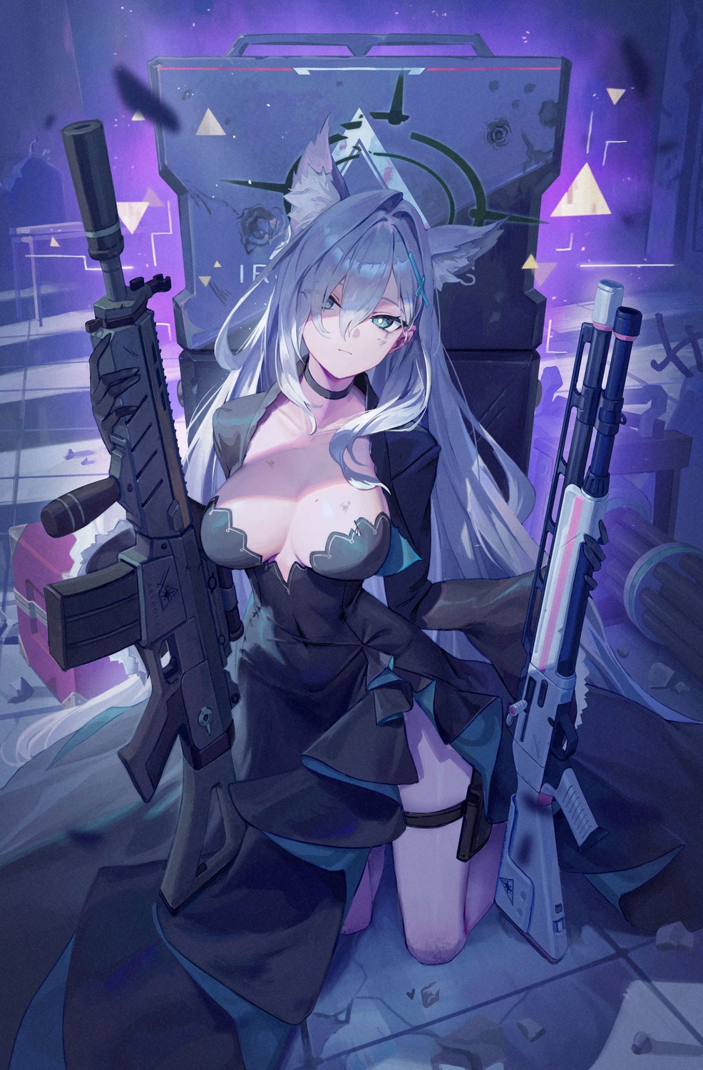 animal_ears blue_archive dress garter gesoking gun halo nekomimi no_bra shiroko_terror sunaookami_shiroko