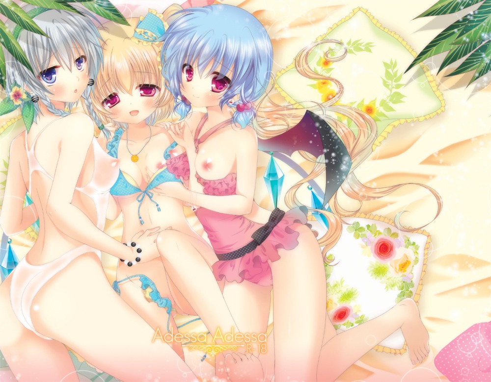 bikini breasts flandre_scarlet izayoi_sakuya loli nipples pekopokon remilia_scarlet see_through setoran swimsuits touhou