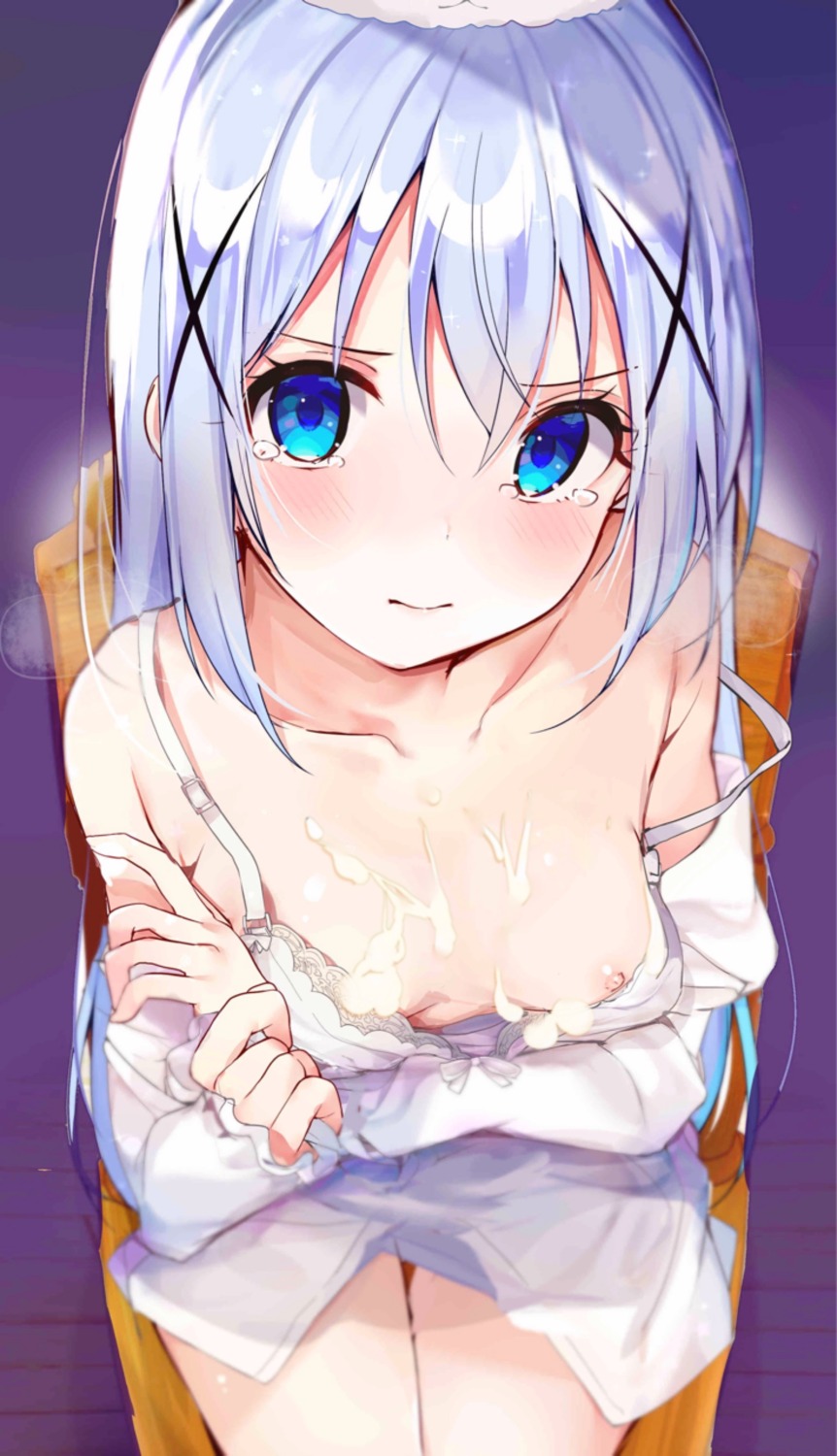 bra breast_hold cum gochuumon_wa_usagi_desu_ka? kafuu_chino loli nipples open_shirt rouka wardrobe_malfunction