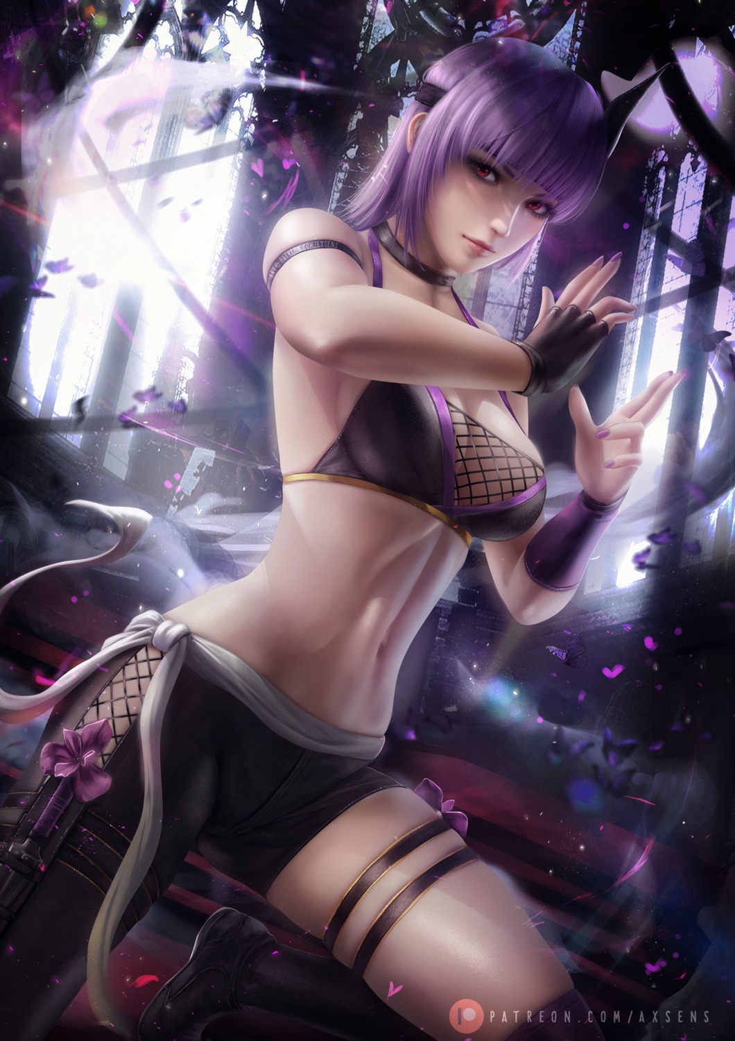 axsens ayane_(doa) cleavage dead_or_alive garter no_bra thighhighs weapon