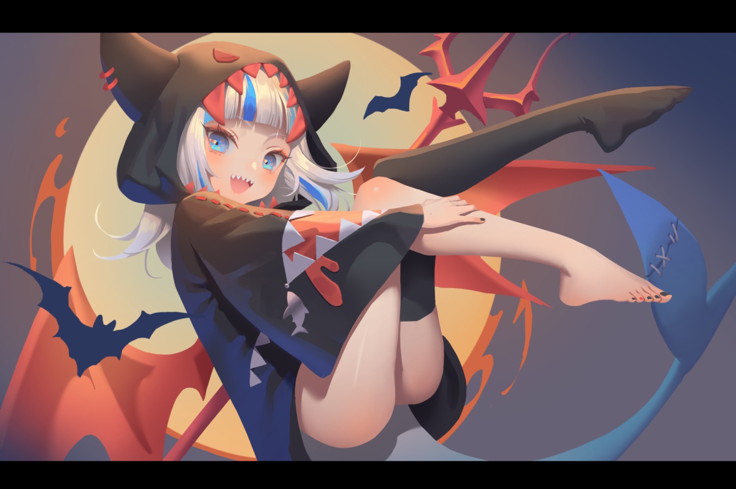 feet gawr_gura halloween hololive hololive_english karesuki nopan skirt_lift tail thighhighs weapon wings