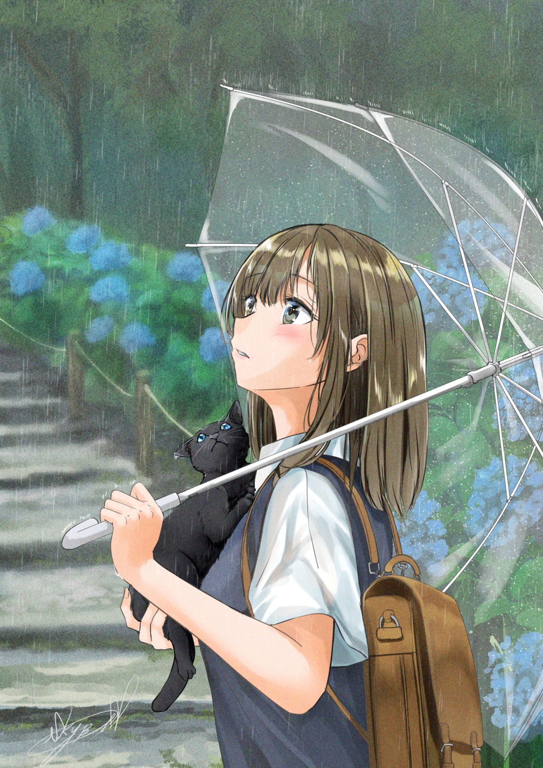 neko see_through seifuku soragane_(banisinngurei) sweater umbrella wet wet_clothes