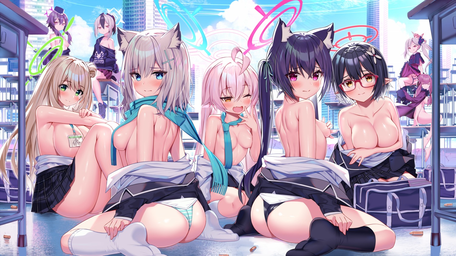 akusema animal_ears asagi_mutsuki ass blue_archive breast_hold breasts cleavage devil garter garter_belt halo horns igusa_haruka izayoi_nonomi kuromi_serika loli megane naked_cape nekomimi no_bra okusora_ayane onikata_kayoko open_shirt pantsu pointy_ears rikuhachima_aru seifuku shimapan skirt_lift sunaookami_shiroko takanashi_hoshino thong wardrobe_malfunction wings