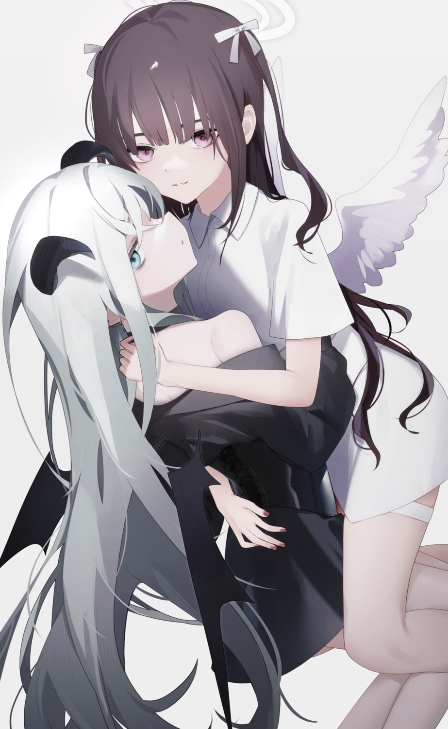 angel devil dress_shirt garter horns migihidari_(puwako) thighhighs wings yuri