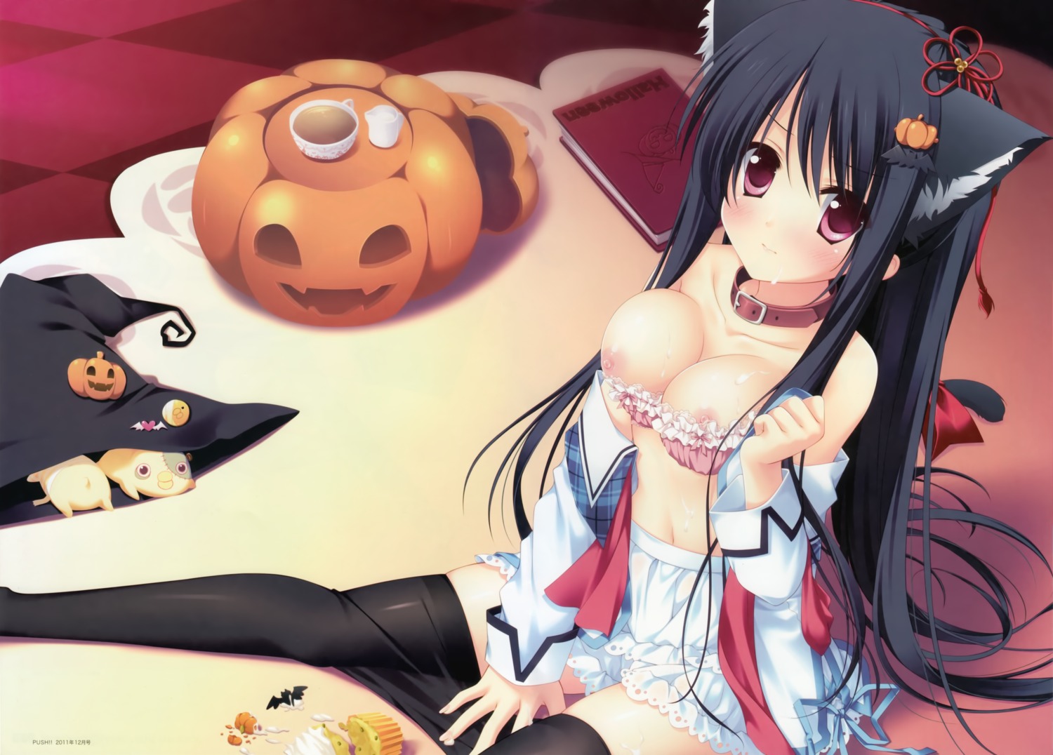 animal_ears bra breasts cream halloween hatori_piyoko hook nekomimi nipples pantyhose strawberry_nauts yatsuka_itsuki