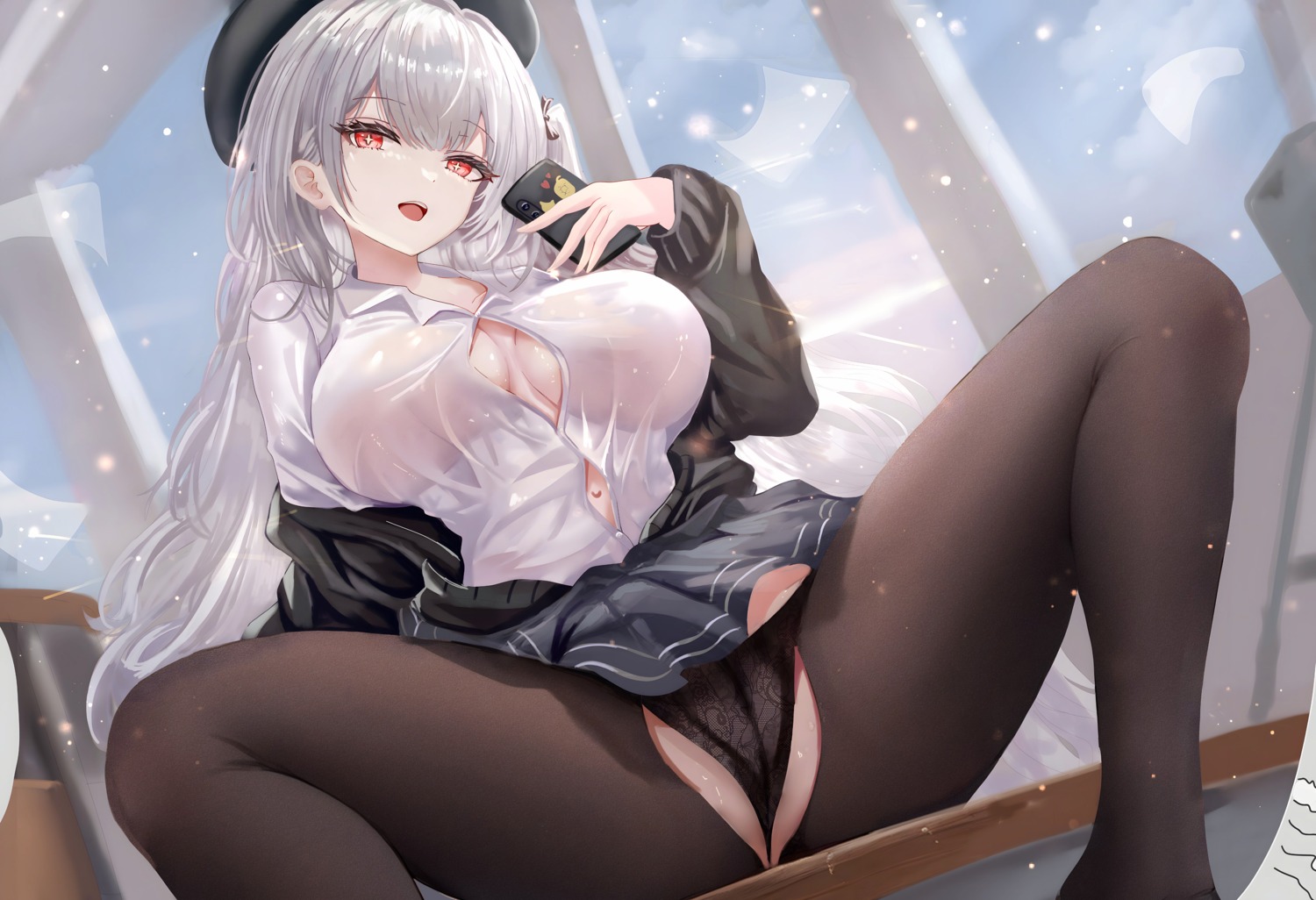 age_fx azur_lane cameltoe no_bra open_shirt pantsu pantyhose scylla_(azur_lane) see_through seifuku skirt_lift sweater thong torn_clothes wet_clothes