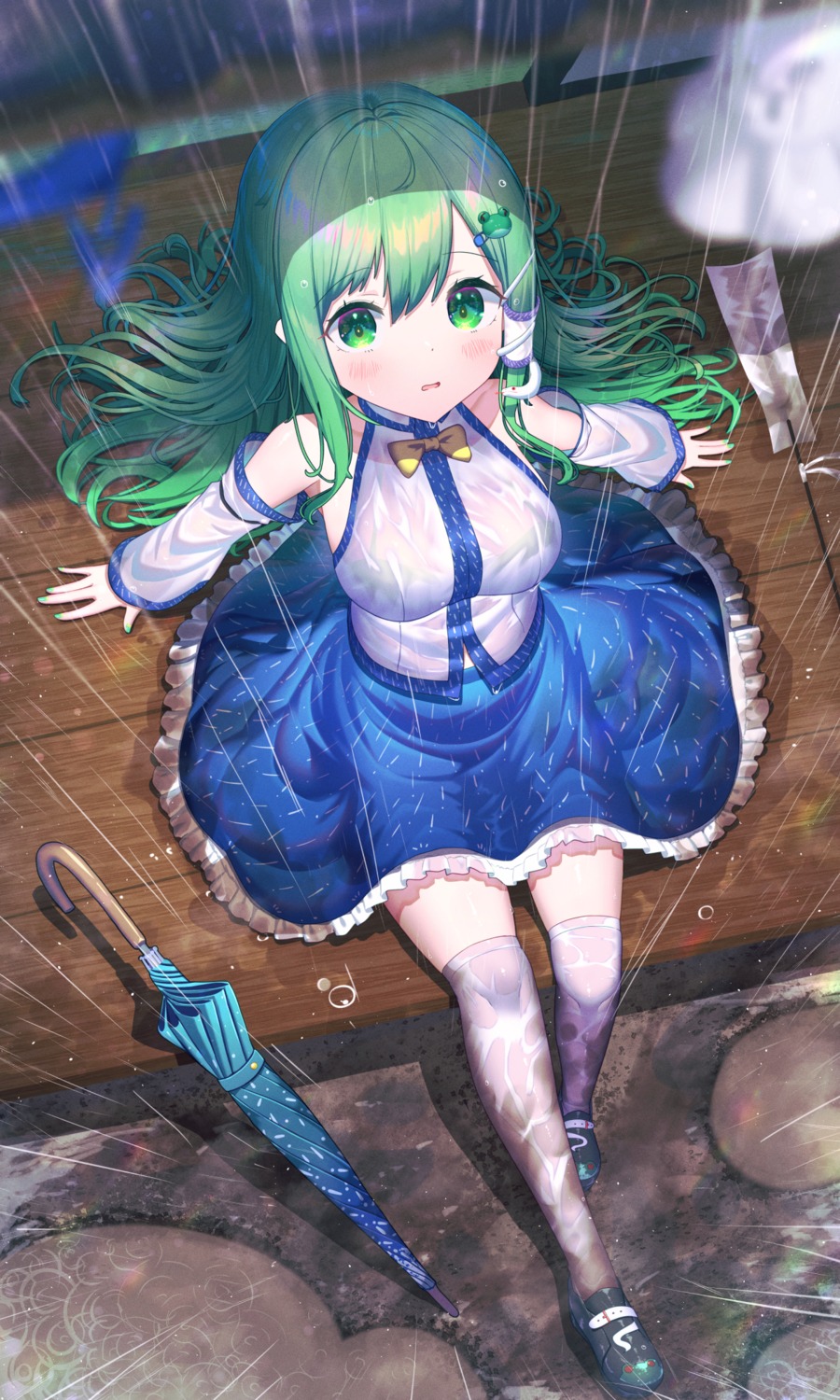 bra kiramarukou kochiya_sanae see_through skirt_lift thighhighs touhou umbrella wet wet_clothes