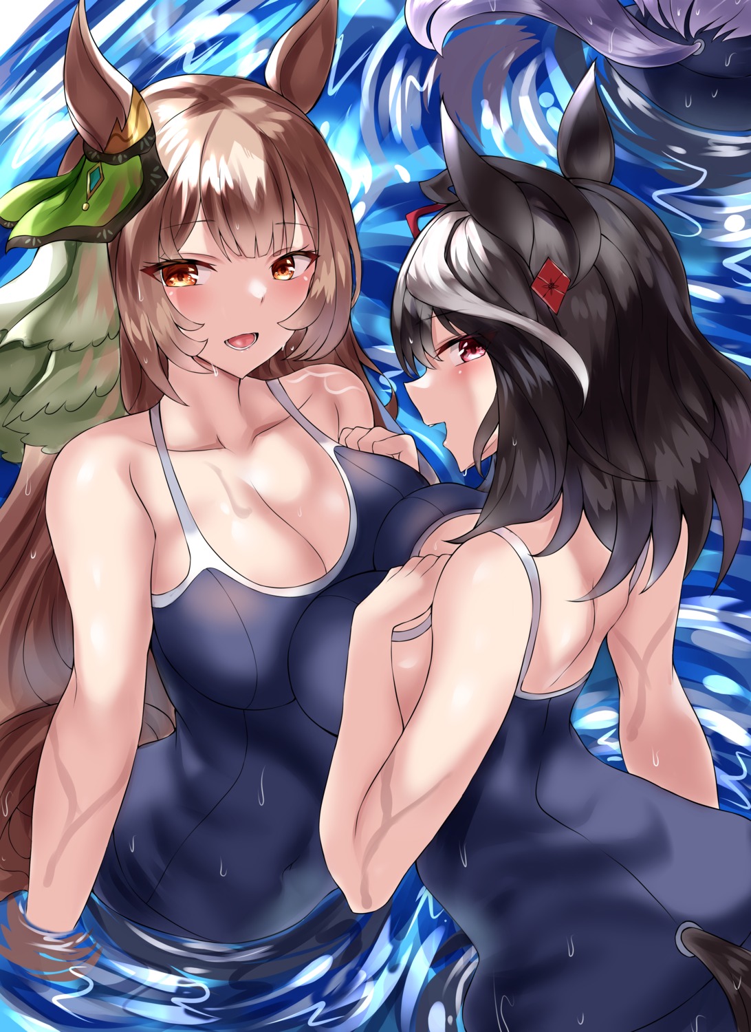 animal_ears breast_hold cleavage farys_(afopahqfw) kitasan_black_(umamusume) satono_diamond_(umamusume) school_swimsuit swimsuits symmetrical_docking tail uma_musume_pretty_derby wet