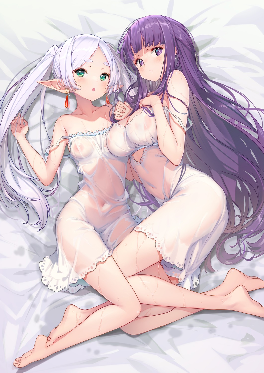 areola elf fern frieren hong_(white_spider) lingerie pointy_ears see_through sousou_no_frieren wet wet_clothes yuri