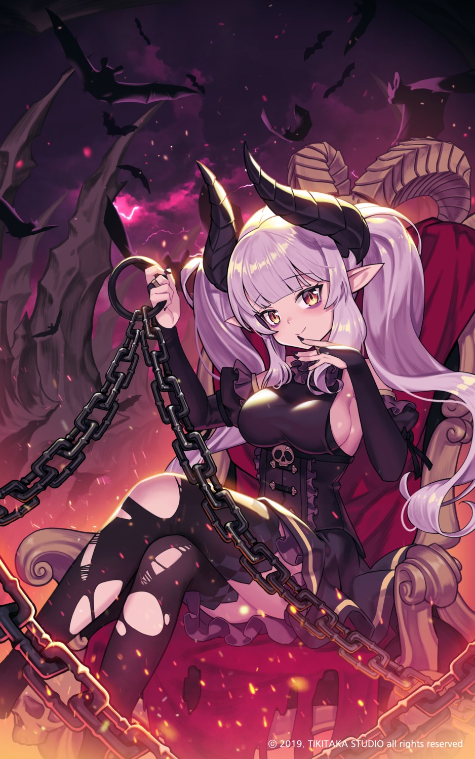 corset devil horns lim_jaejin no_bra pointy_ears skirt_lift thighhighs torn_clothes