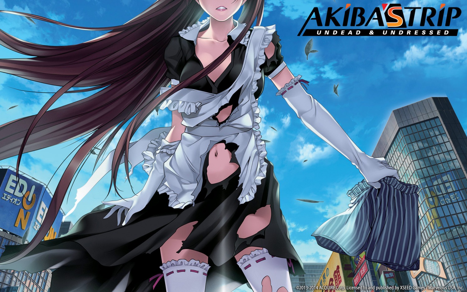 acquire_corp akiba's_trip cleavage maid thighhighs torn_clothes wallpaper