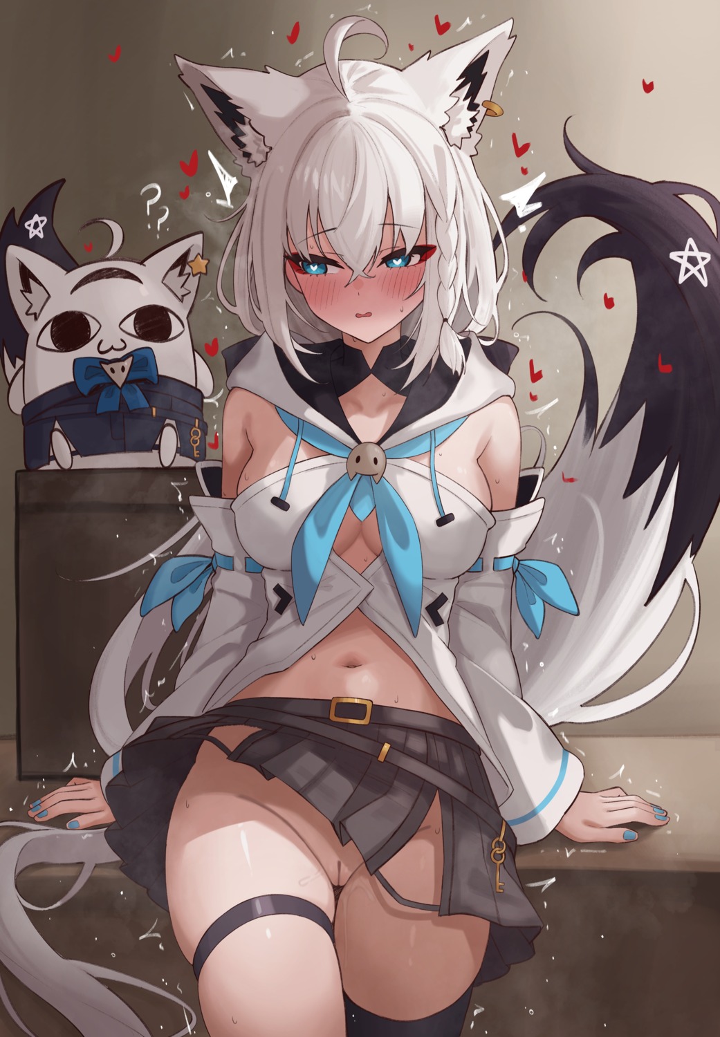 animal_ears garter hololive hololive_gamers kitsune no_bra nopan pussy pussy_juice shirakami_fubuki shiroi_yoru skirt_lift tail thighhighs uncensored