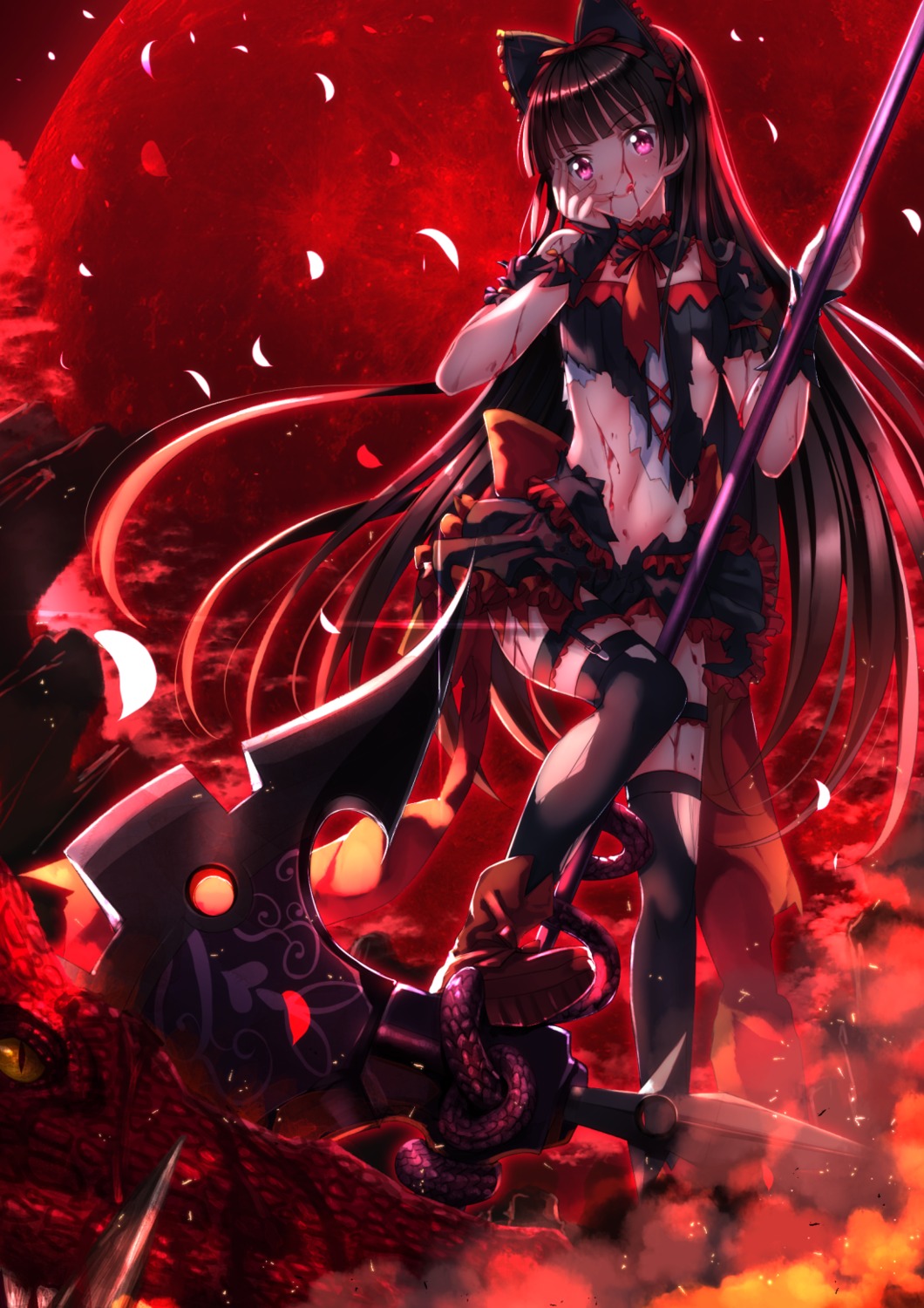 blood dress garter gate:_jieitai_kanochi_nite_kaku_tatakaeri gothic_lolita lolita_fashion no_bra rory_mercury stockings swordsouls thighhighs torn_clothes weapon