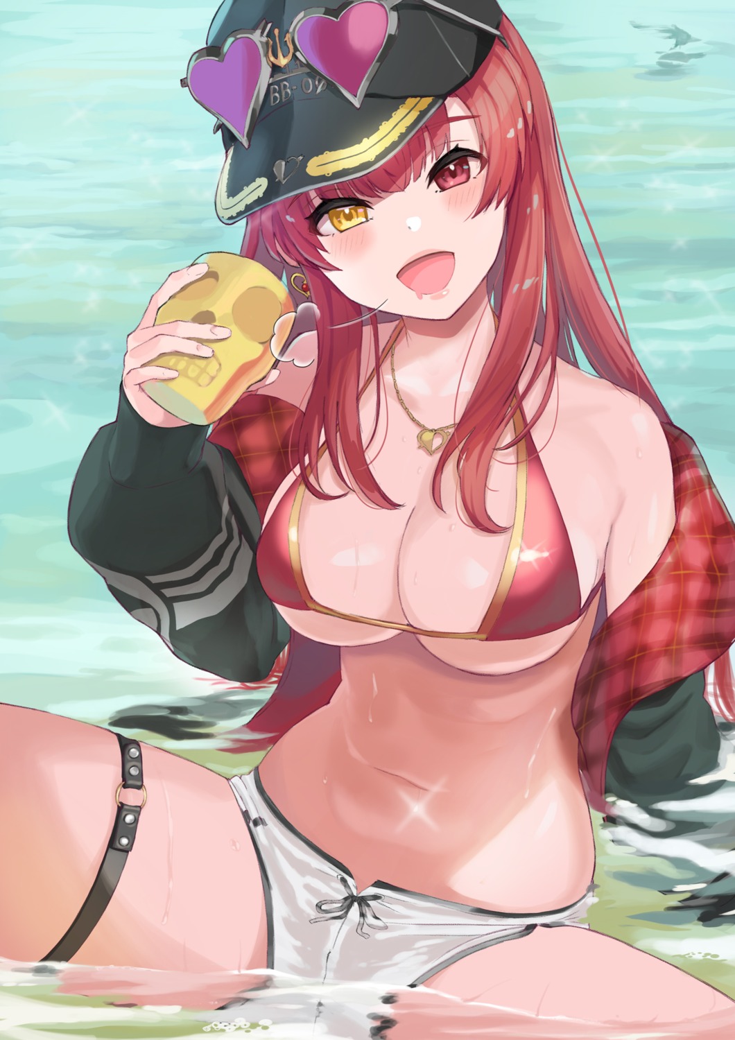 bikini_top dai00888 garter heterochromia hololive houshou_marine megane open_shirt swimsuits wet